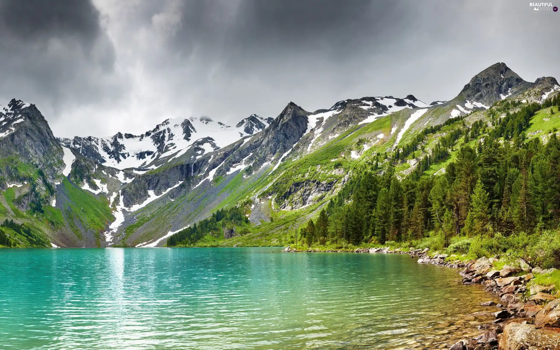trees, Mountains, Snow-capped Peaks, Stones, viewes, lake