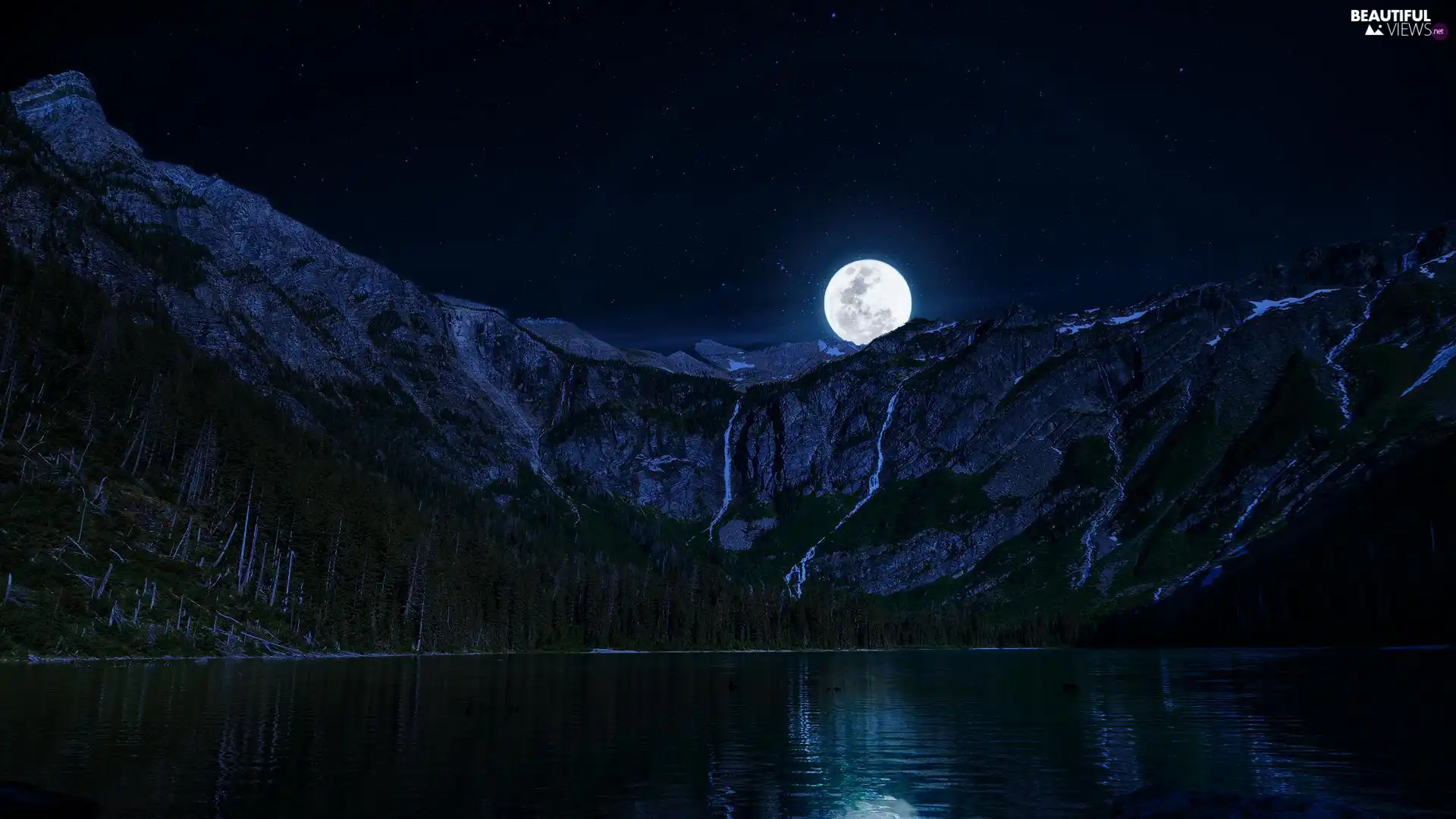 Mountains, moon, star, lake, Night, reflection, Sky