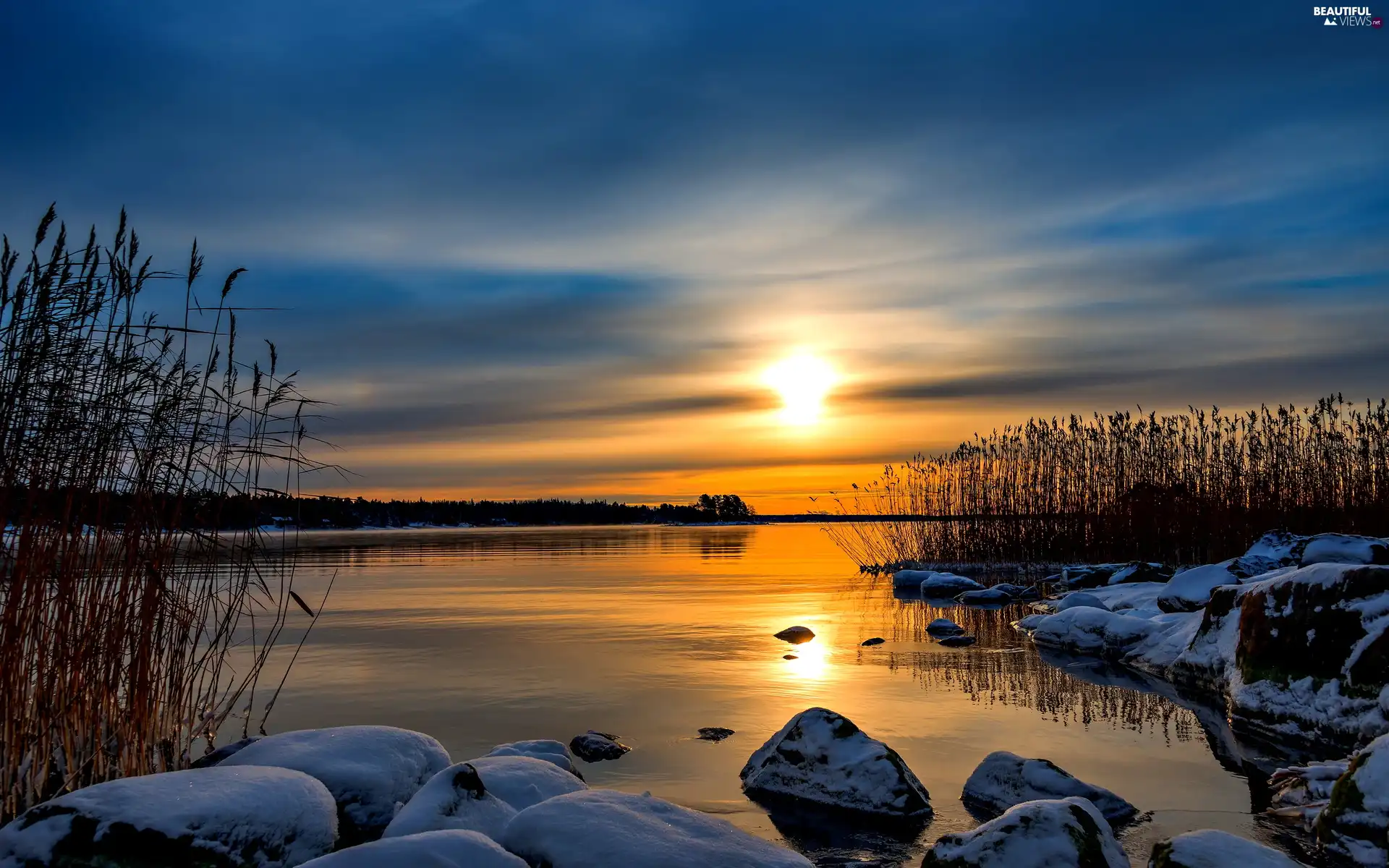 lake, west, sun