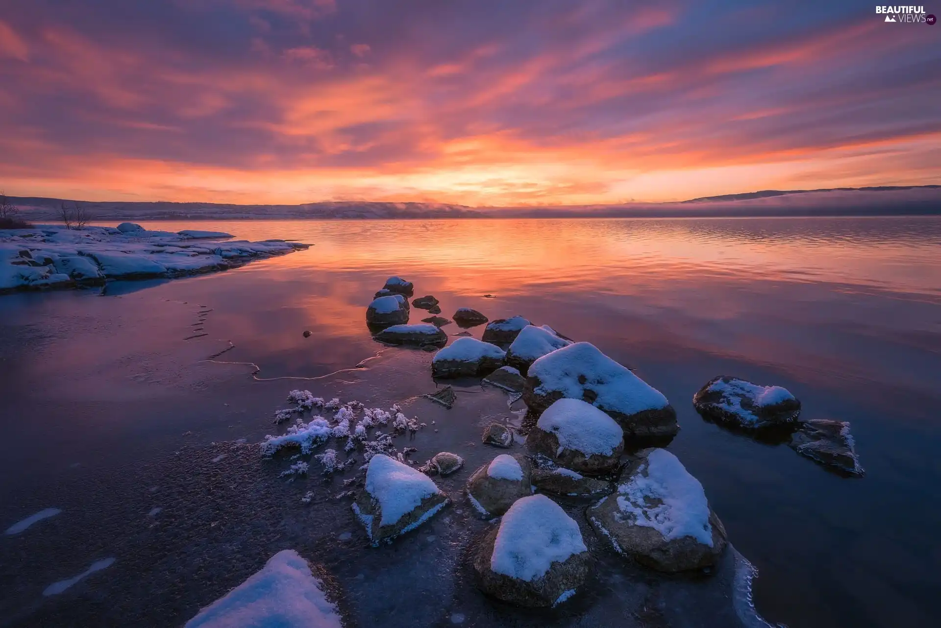 Lake Tyrifjorden, Norway, snow, Stones, Great Sunsets, Buskerud District