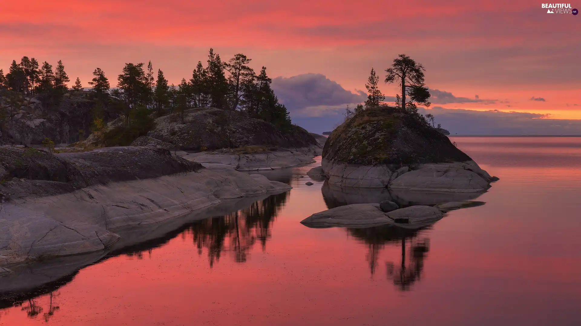Islet, Great Sunsets, reflection, rocks, viewes, Russia, Karelia, Ladoga, lake, clouds, trees