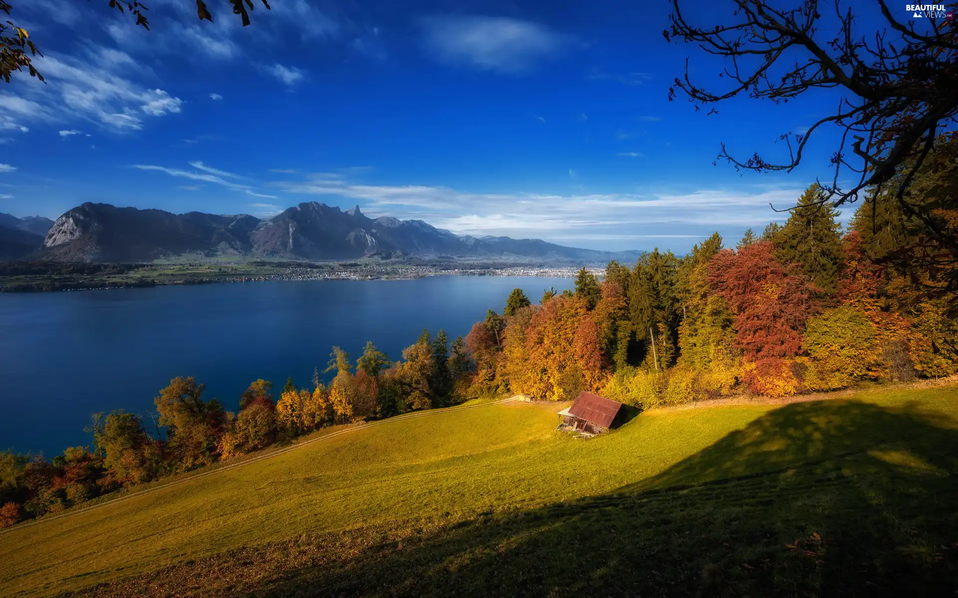 car in the meadow, autumn, Home, trees, Sky, clouds, lake, Mountains, viewes