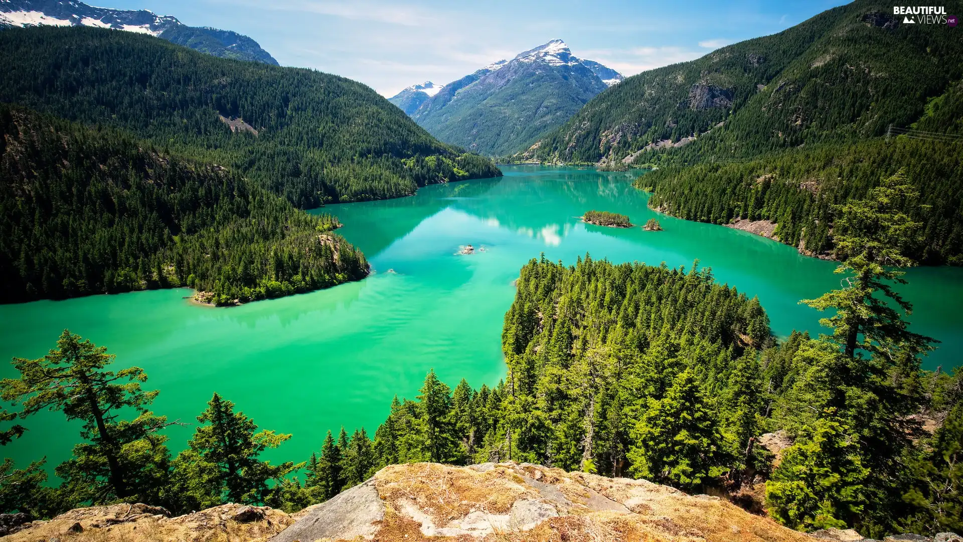 North Cascades National Park, Mountains, viewes, Diablo Lake, trees, Washington State, The United States, Islets