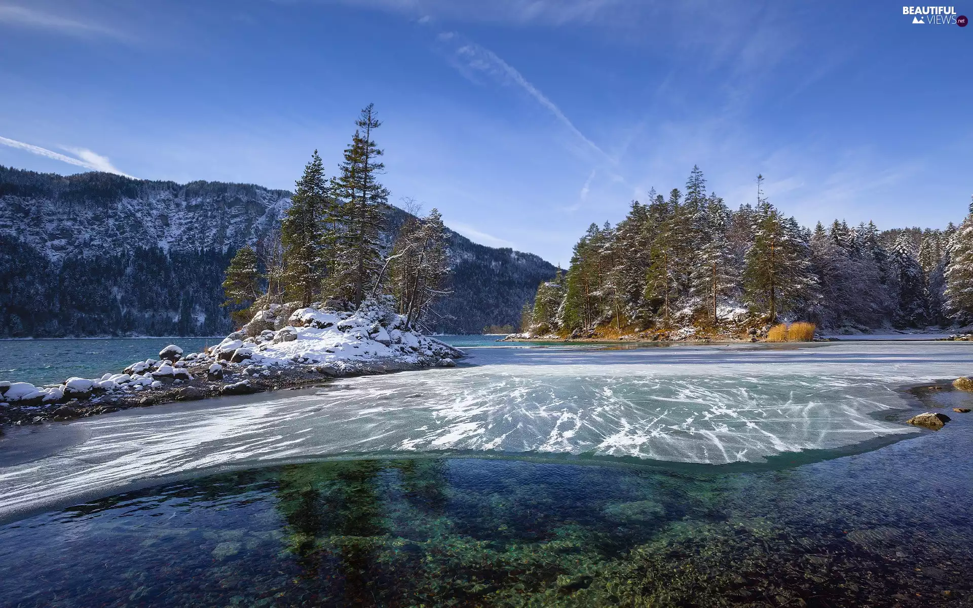 lake, Mountains, Eibsee, Stones, Bavaria, Germany, trees, viewes, snow