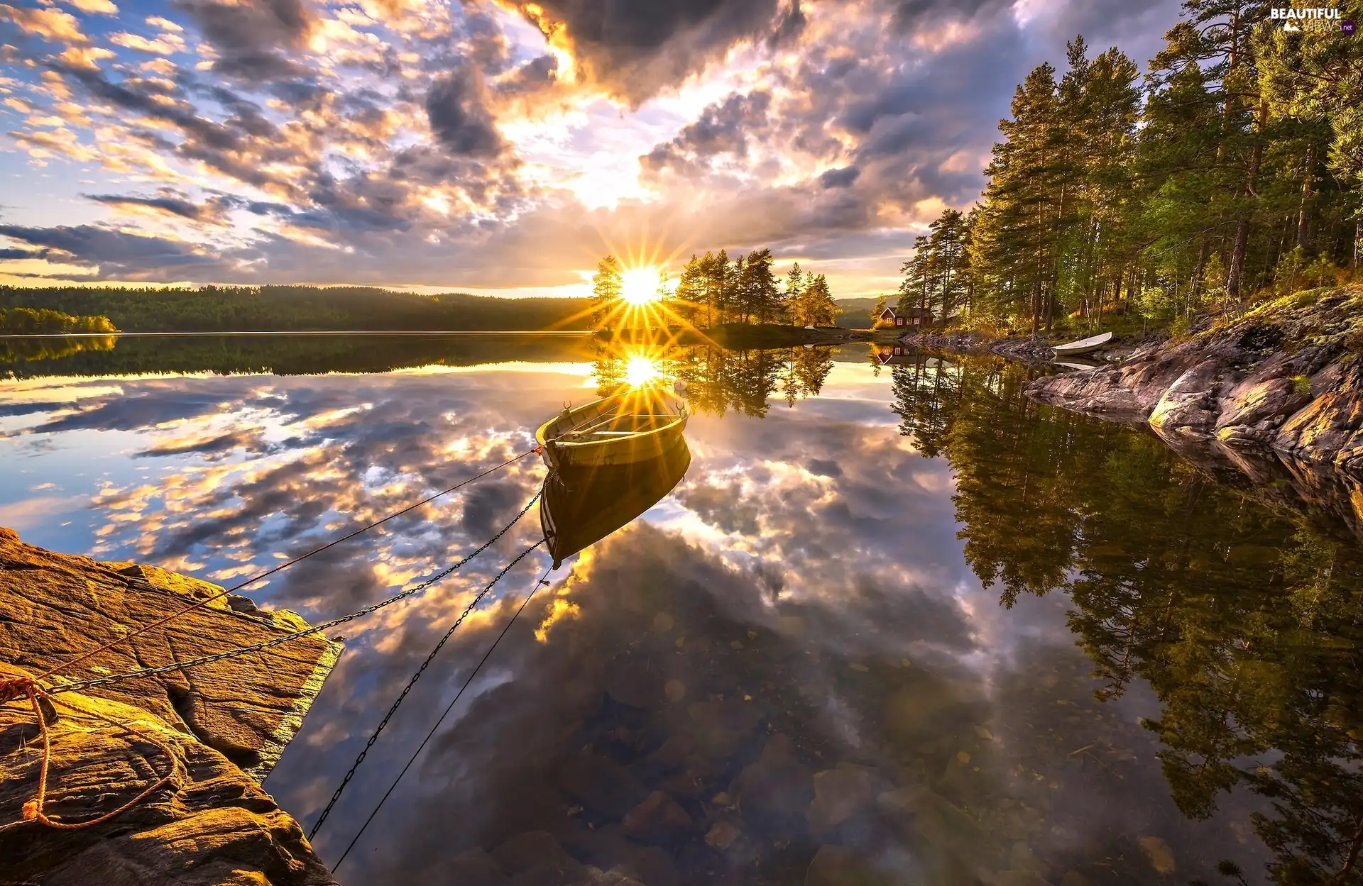lake, Great Sunsets, viewes, reflection, trees, Norway, Ringerike, bath-tub