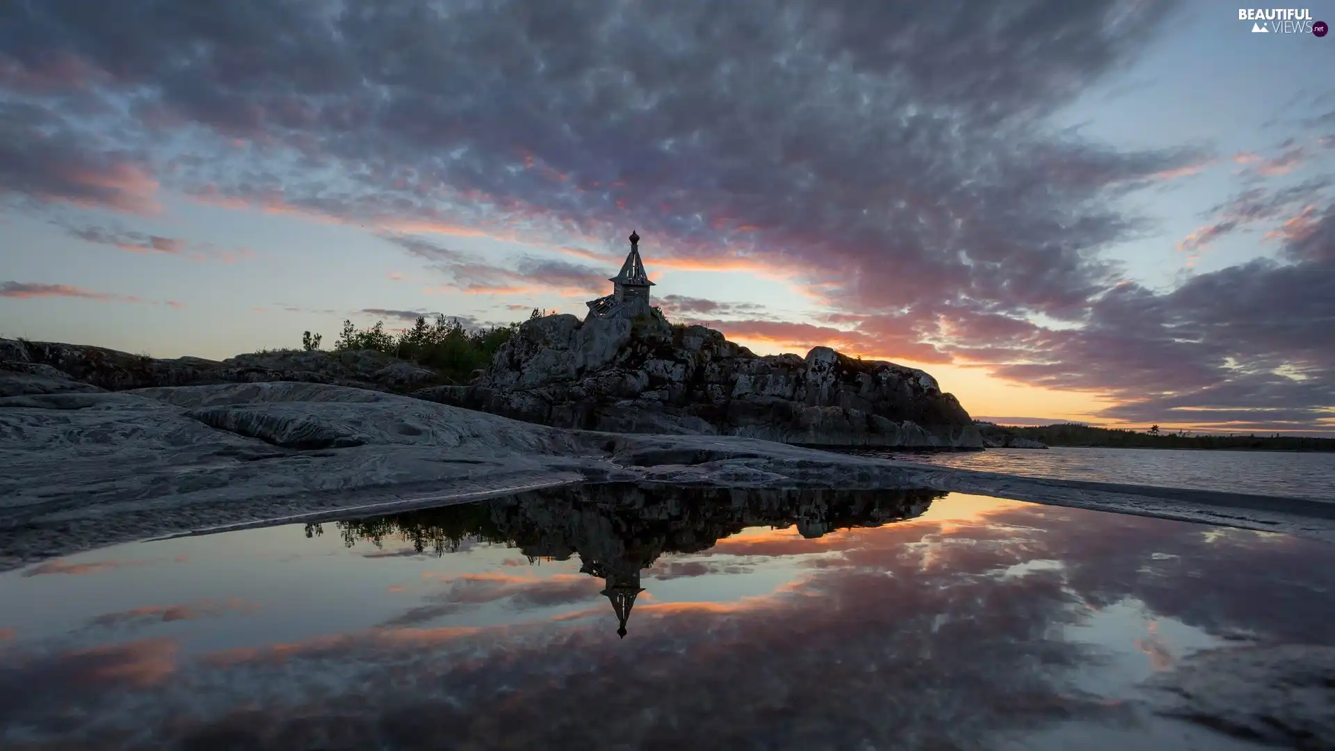 lake, Great Sunsets, rocks, Buldings, clouds, reflection, trees, viewes, ruin