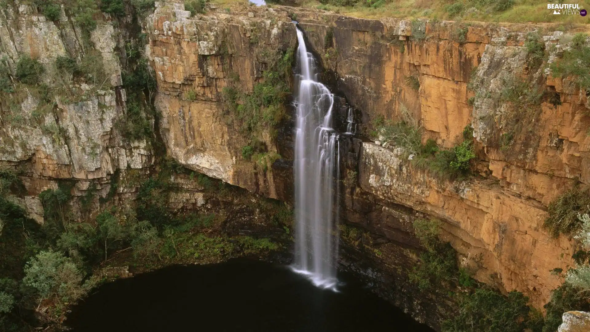 lake, canyon, waterfall