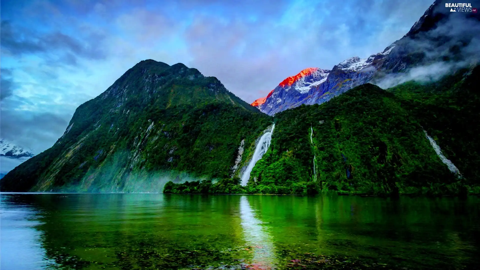 lake, Mountains, waterfalls