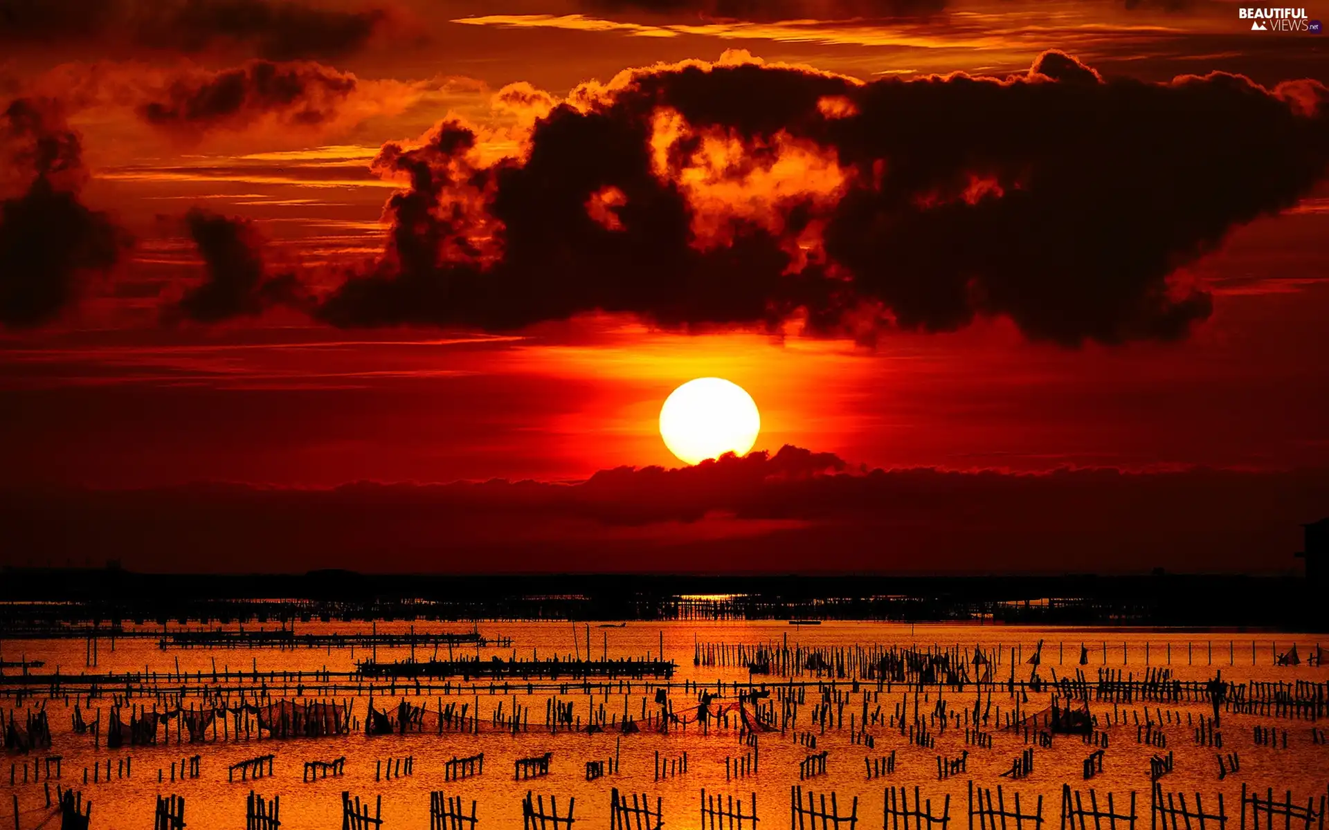 west, clouds, lake, sun