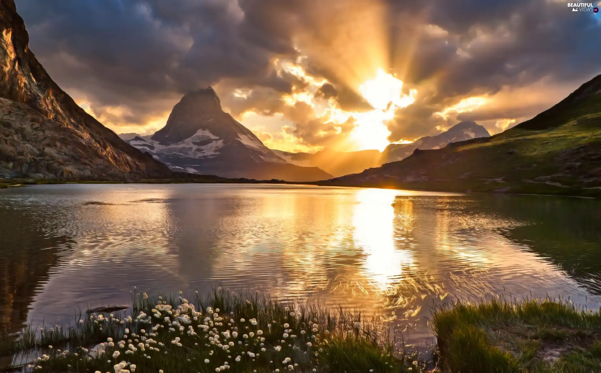 west, Mountains, lake, sun