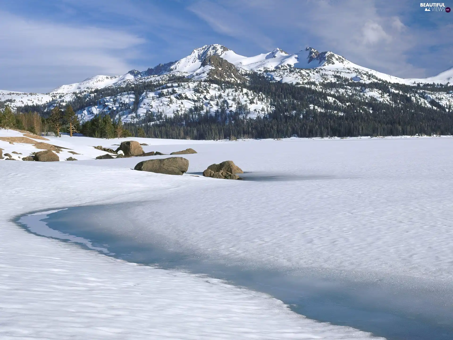 winter, frozen, lake, Mountains