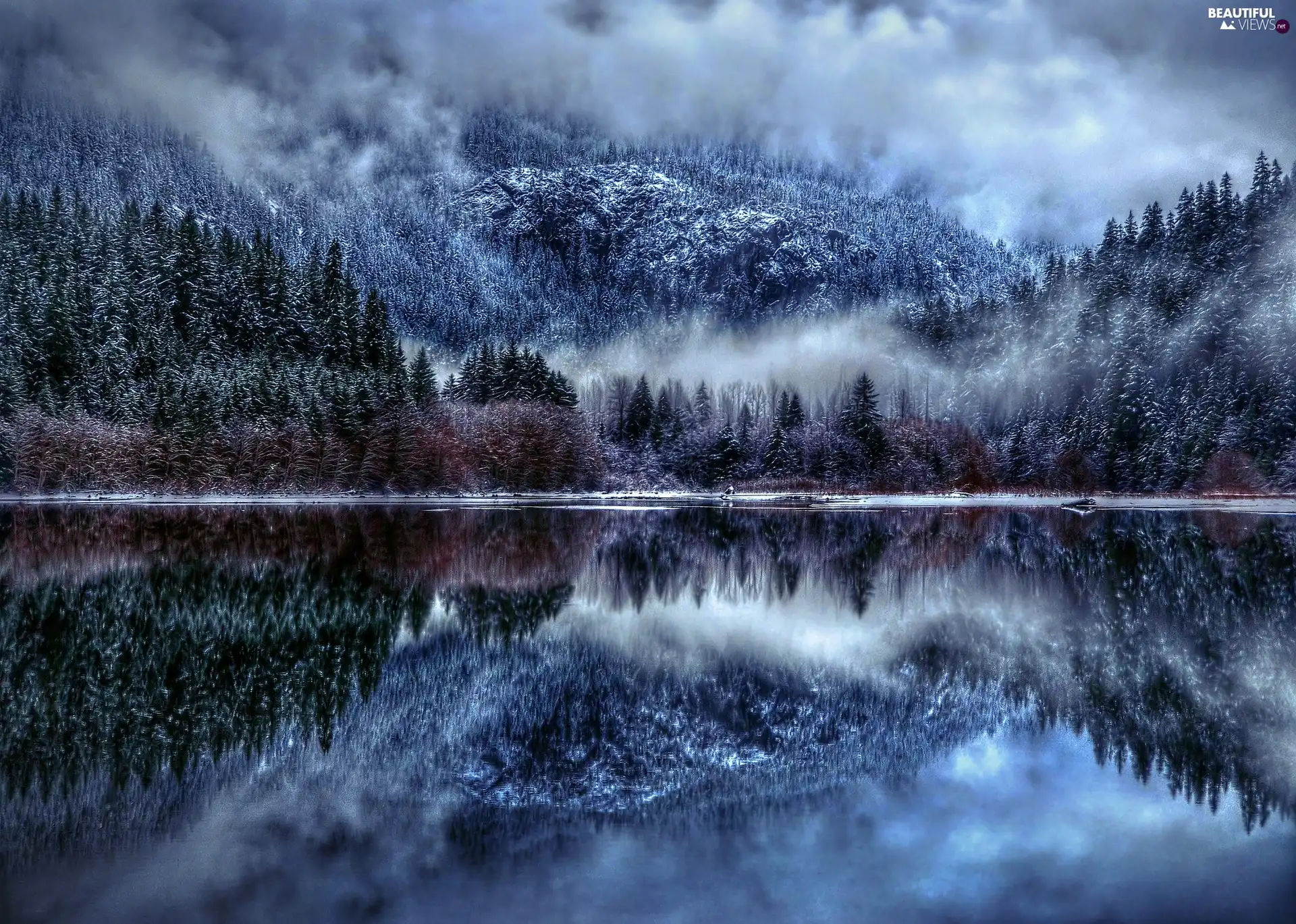 lake, winter, forest, Fog, Mountains