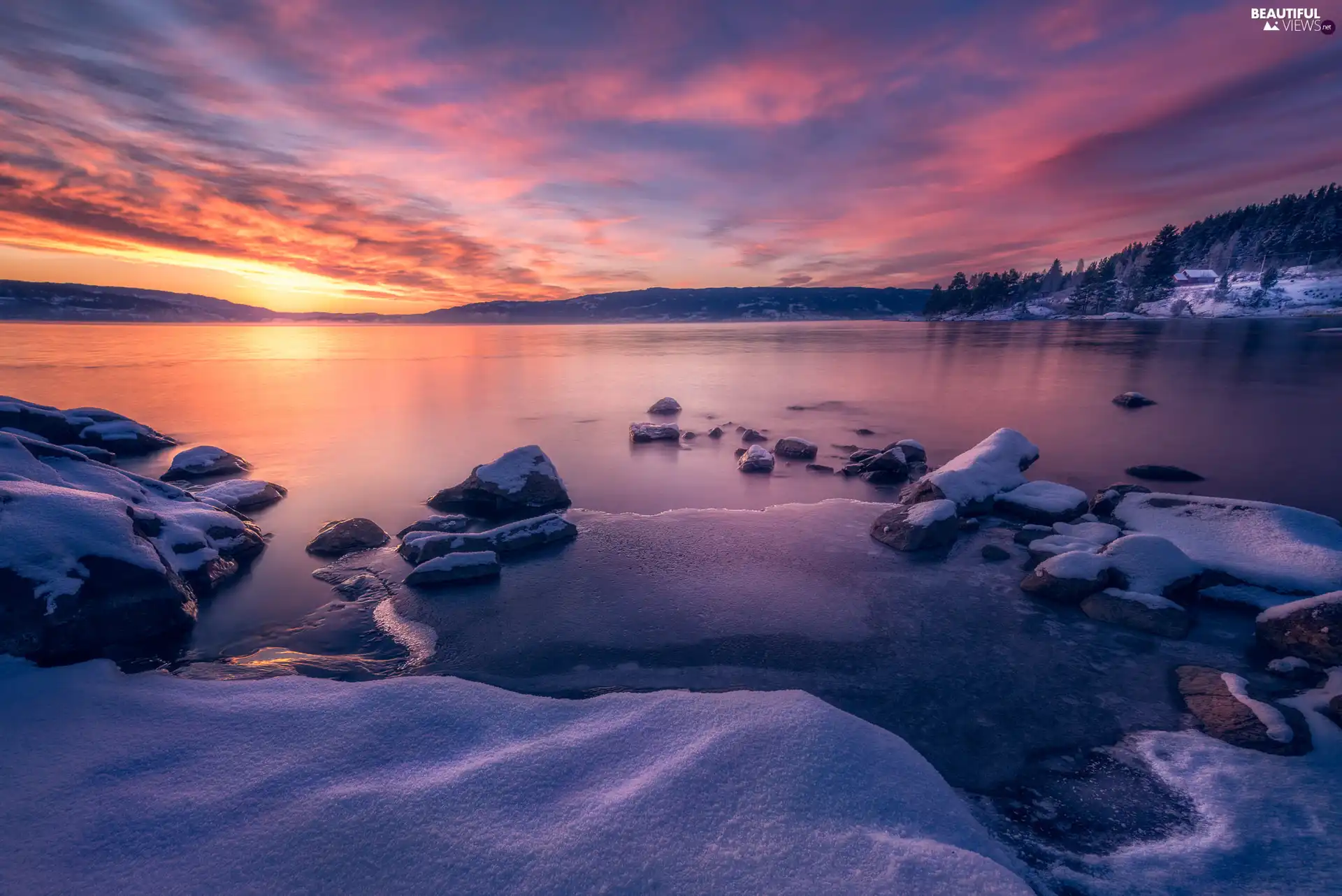 winter, forest, Sunrise, lake