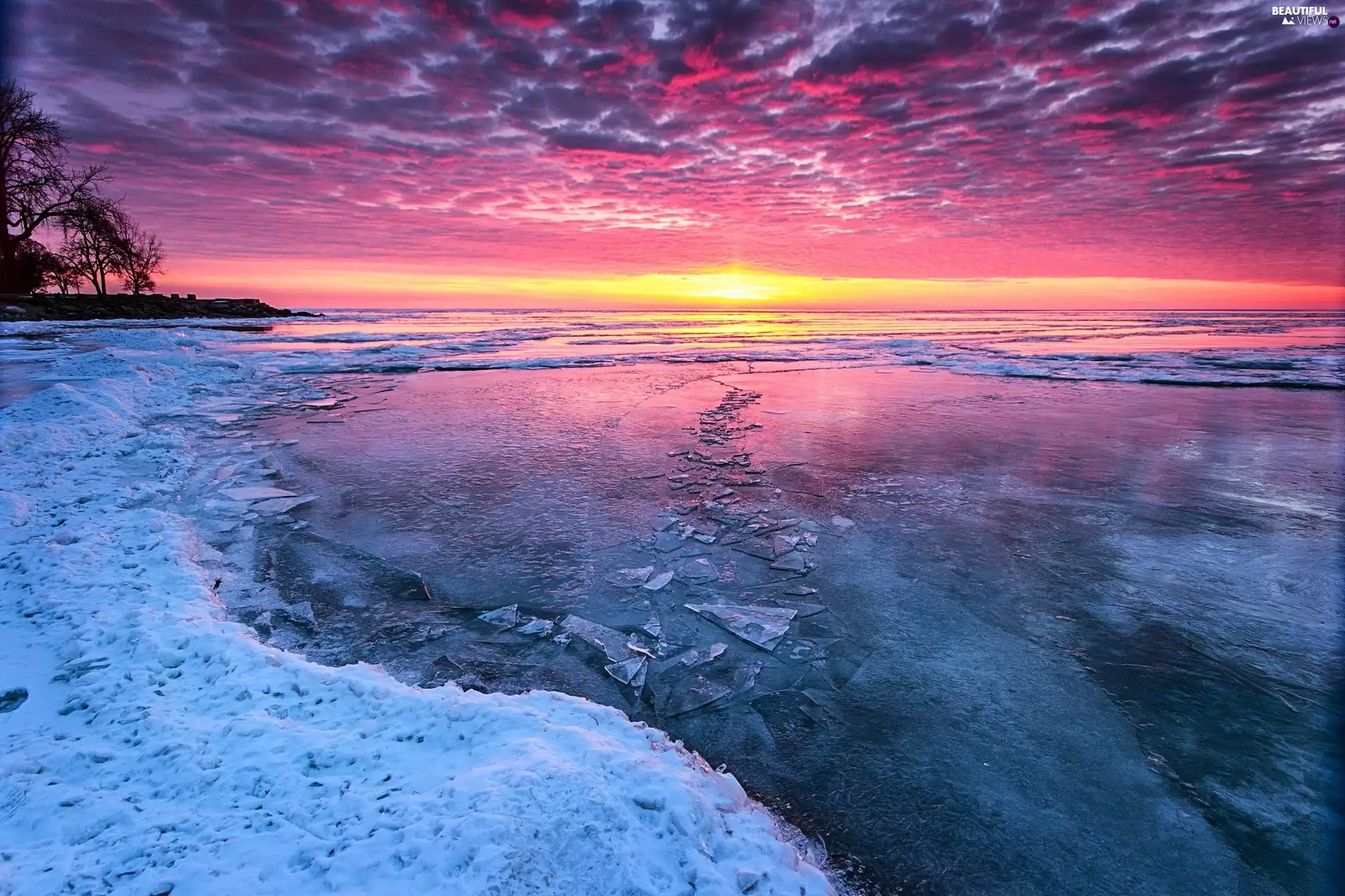 lake, winter, sun, frozen, west