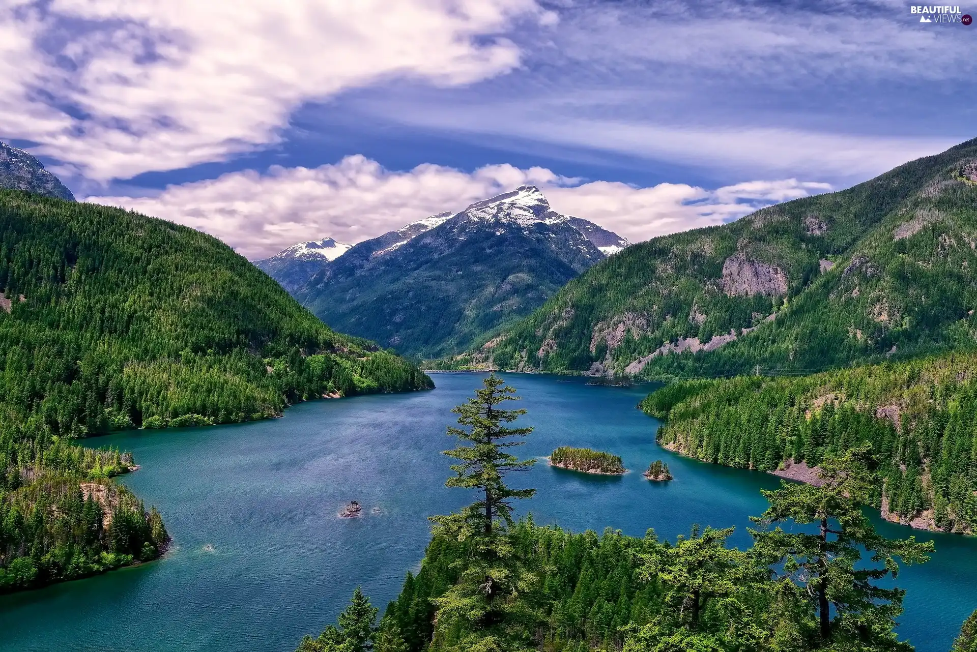 lake, Mountains, woods