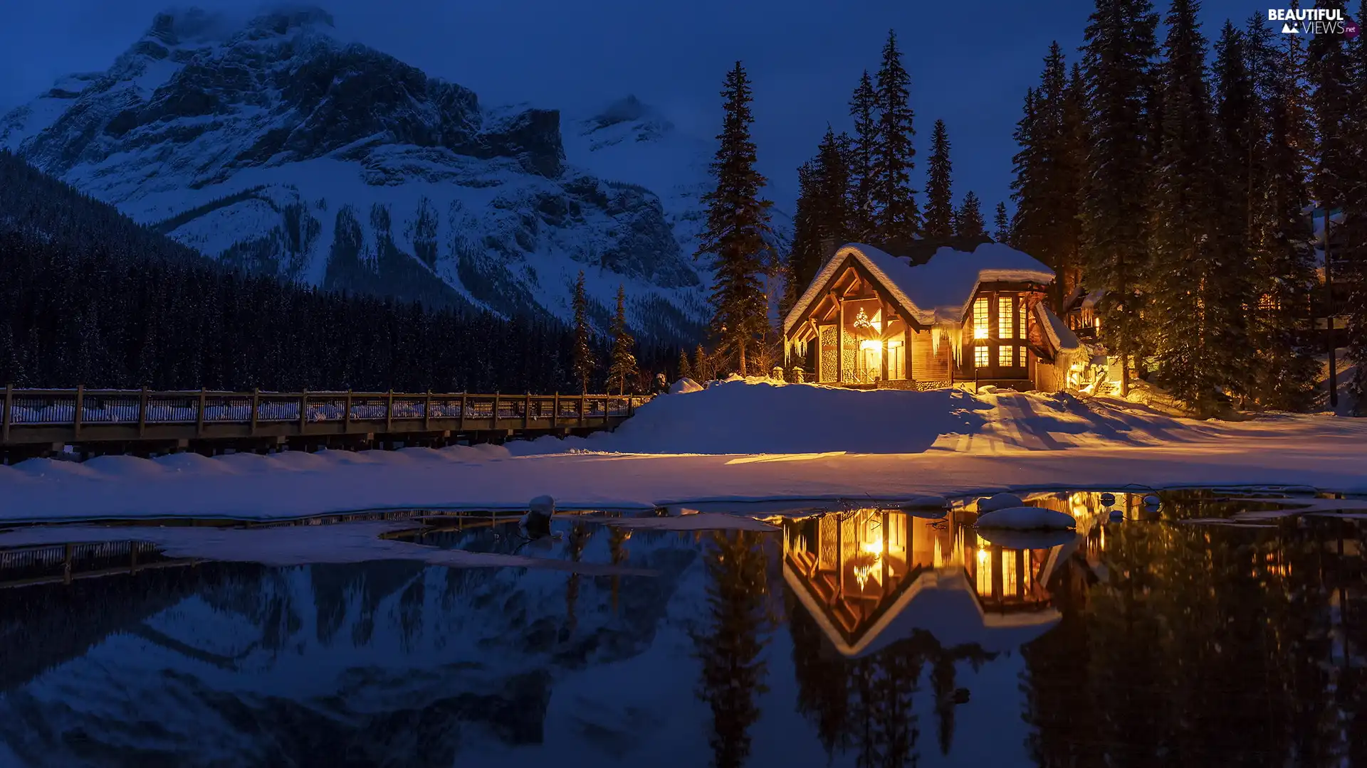 Mountains, lake, Province of British Columbia, Floodlit, Canada, viewes, winter, trees, house, Yoho National Park, Emerald Lake, Night, bridge