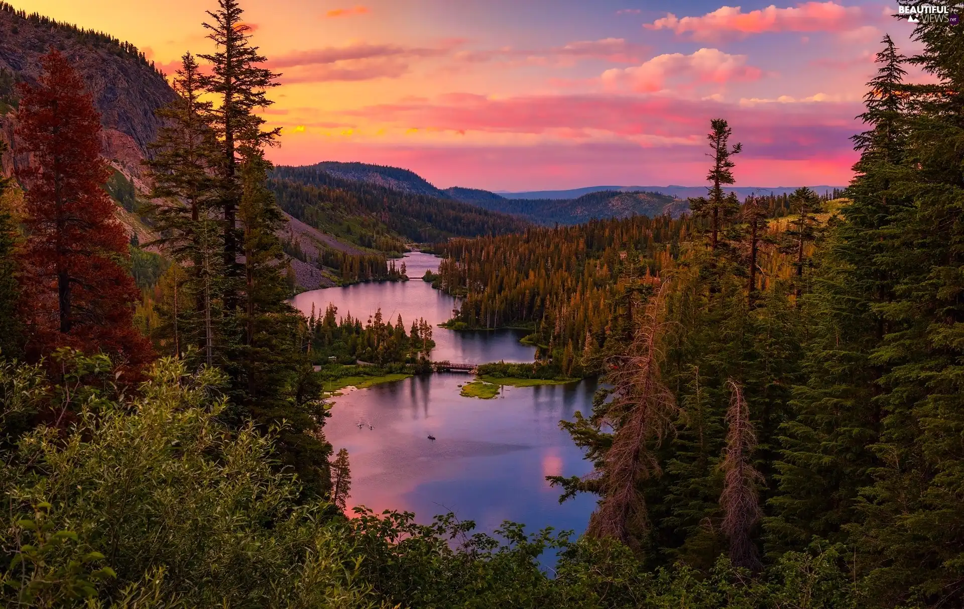Great Sunsets, California, Mountains, viewes, Twin Lakes, The United States, Mono County, Spruces, trees, Twin Lakes