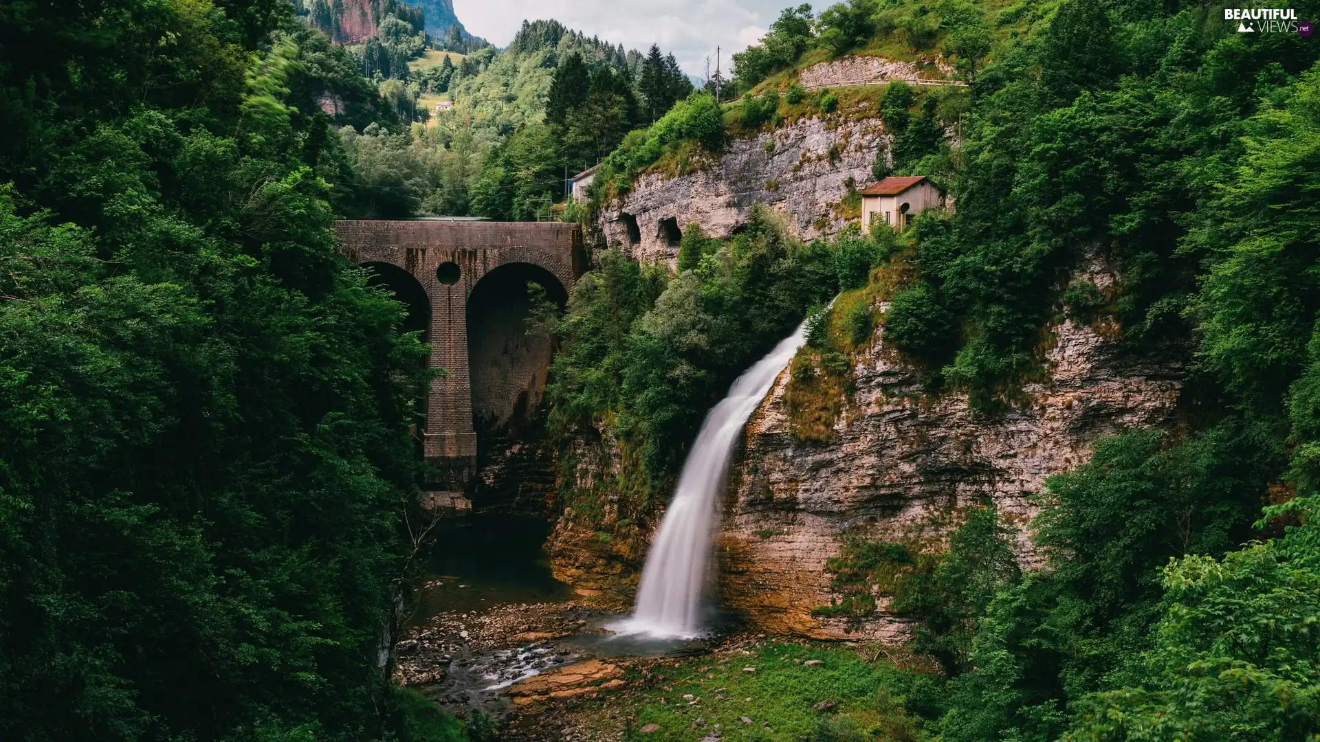 Cismon River, Ponte Serra Waterfall, trees, rocks, house, Italy, Province of Belluno, Ponte Serra Bridge, Mountains, Lamon City, viewes