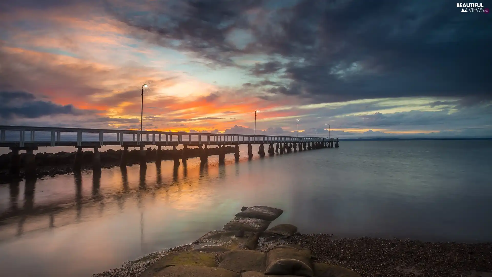 pier, lanterns, dark, clouds, sea