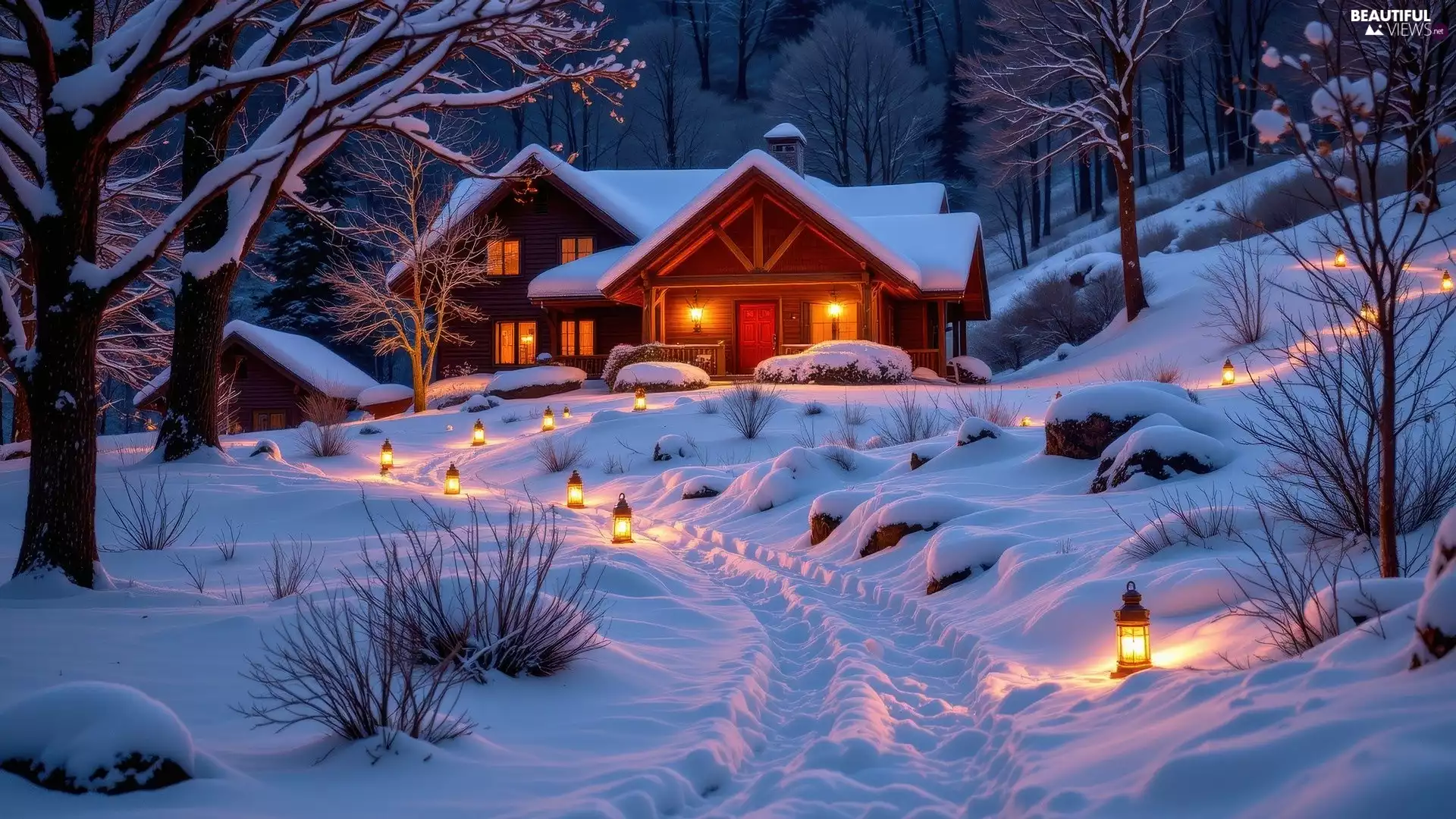lighting, Lanterns, forest, house, winter