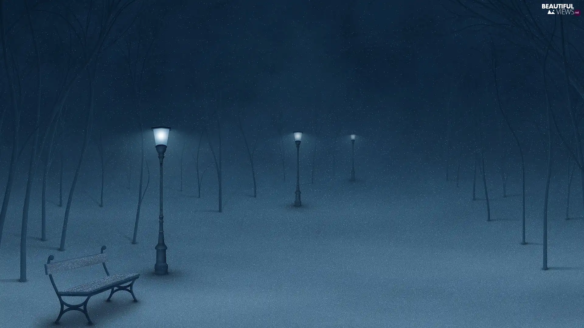 Park, snow, lanterns, Night