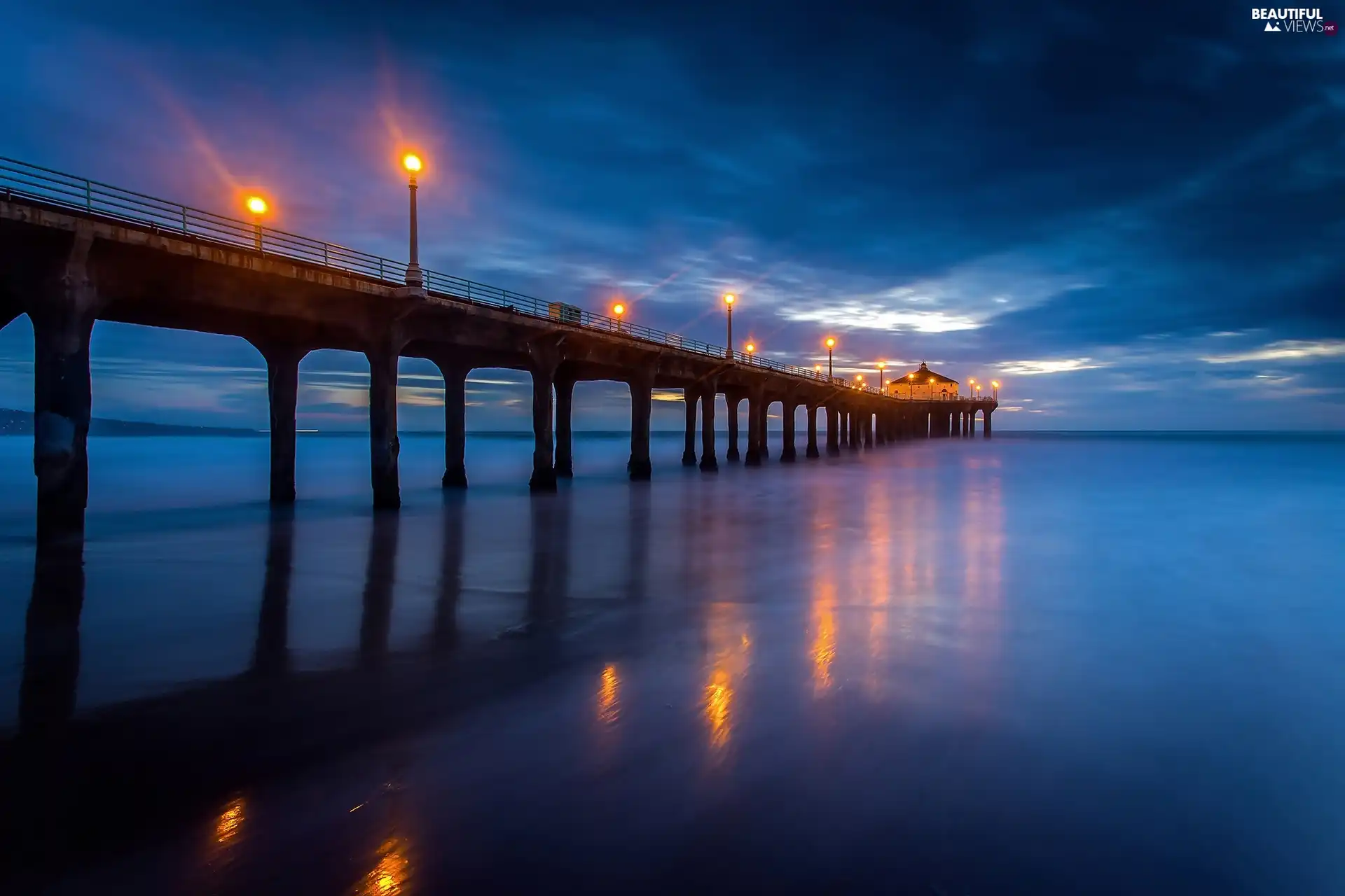 pier, Night, sea, lanterns