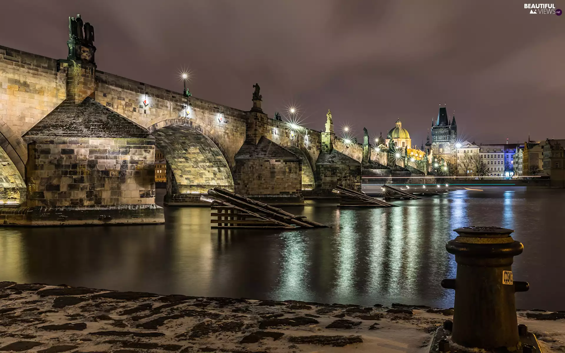 Charles Bridge, Vltava River, light, buildings, lanterns, Prague, Czech Republic, Night