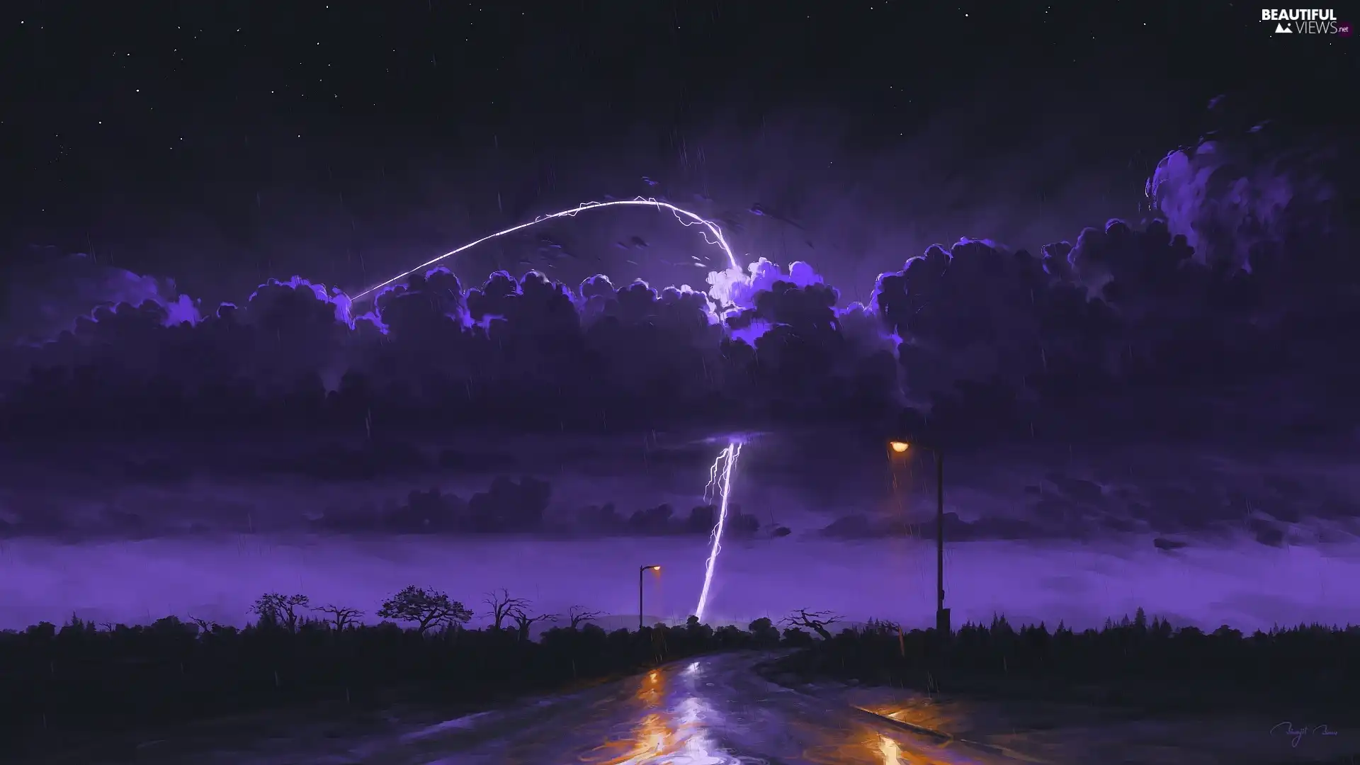 clouds, Way, Rain, lanterns, Night, lightning, graphics