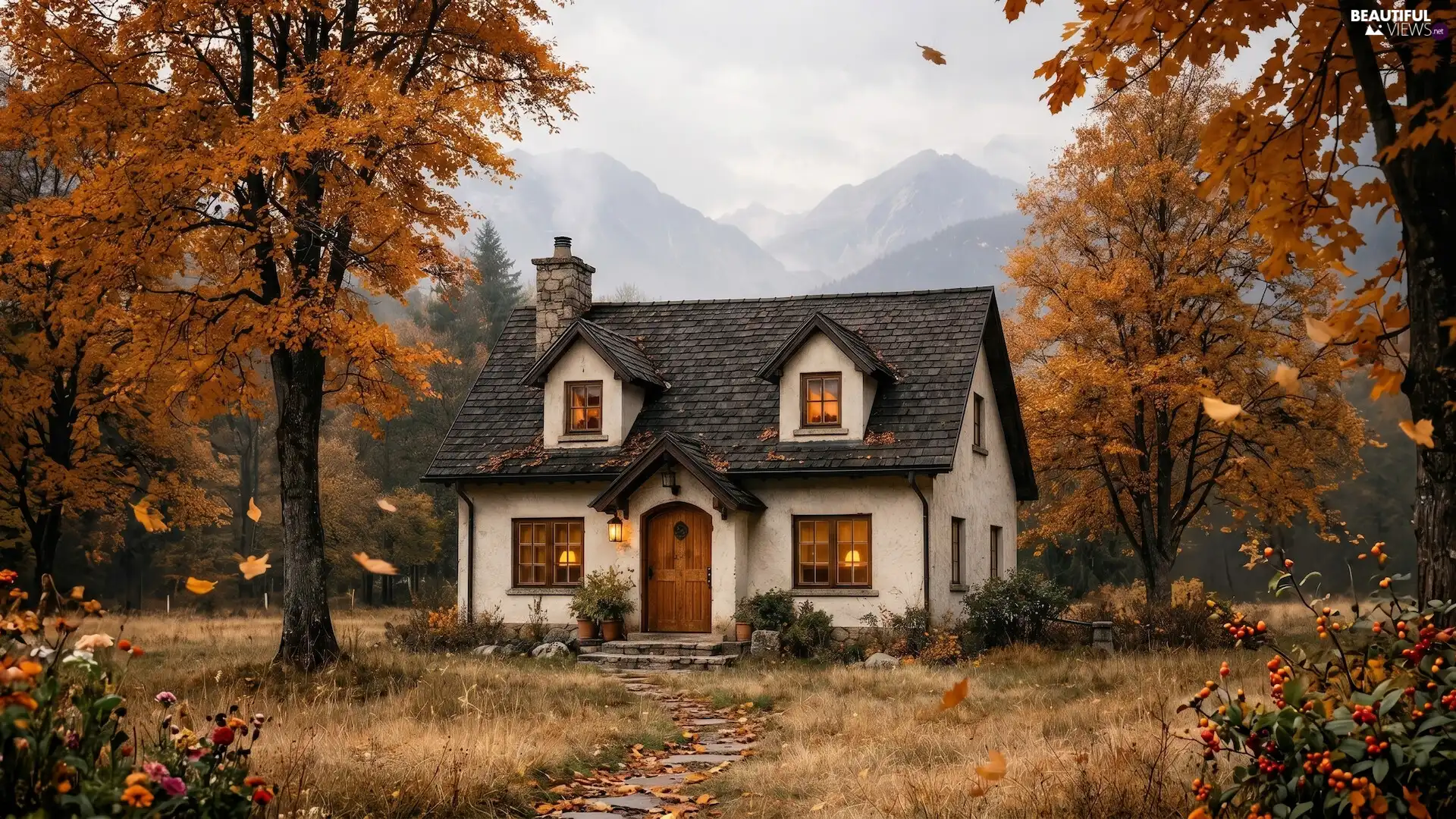 autumn, trees, Ai, viewes, Flowers, house, Mountains, Leaf