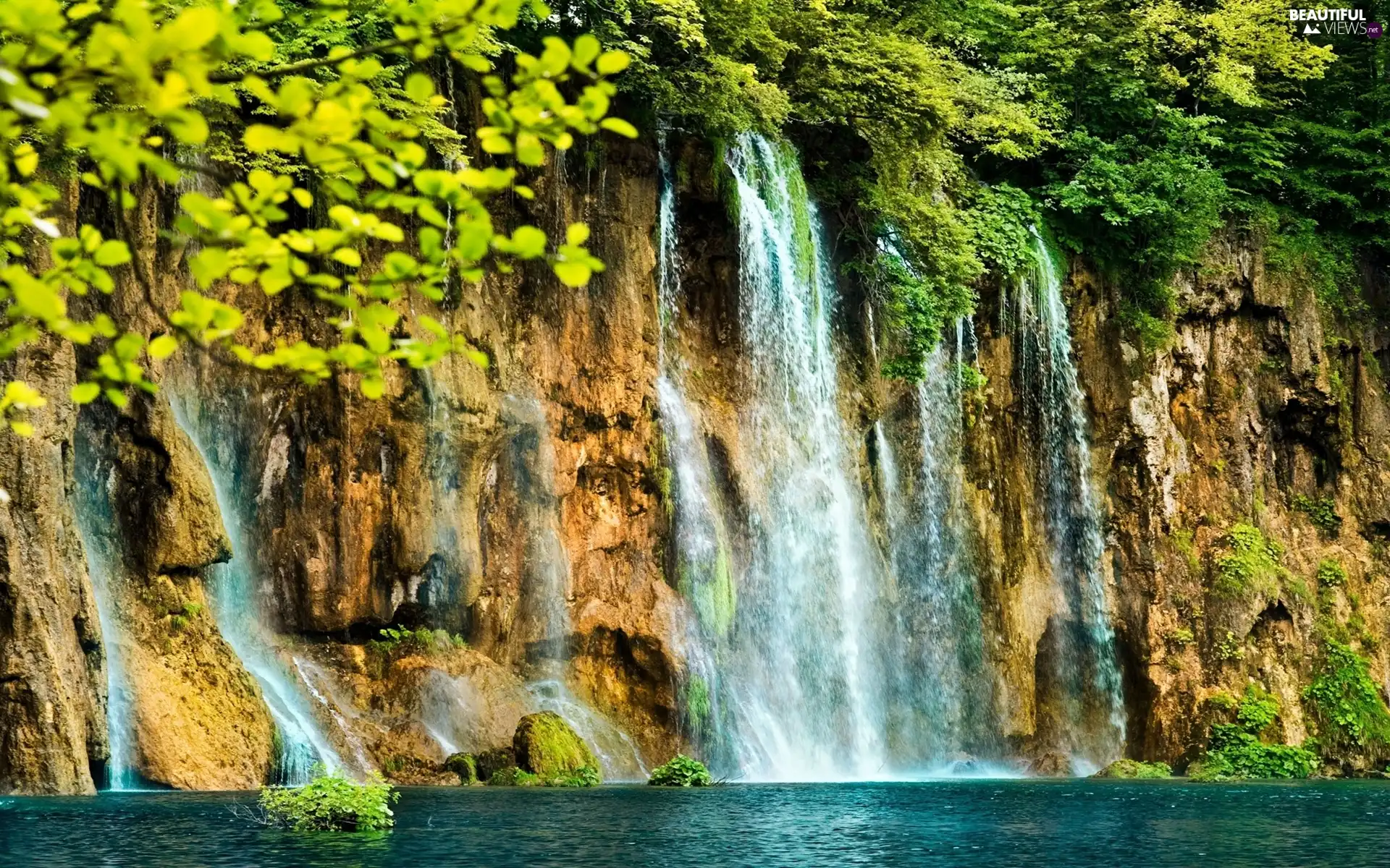 Leaf, waterfall, Rocks