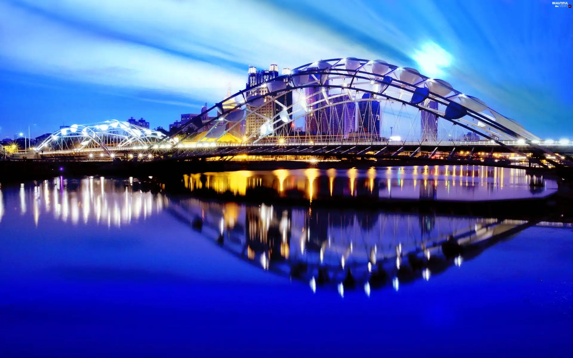 light, reflection, River, Night, bridge