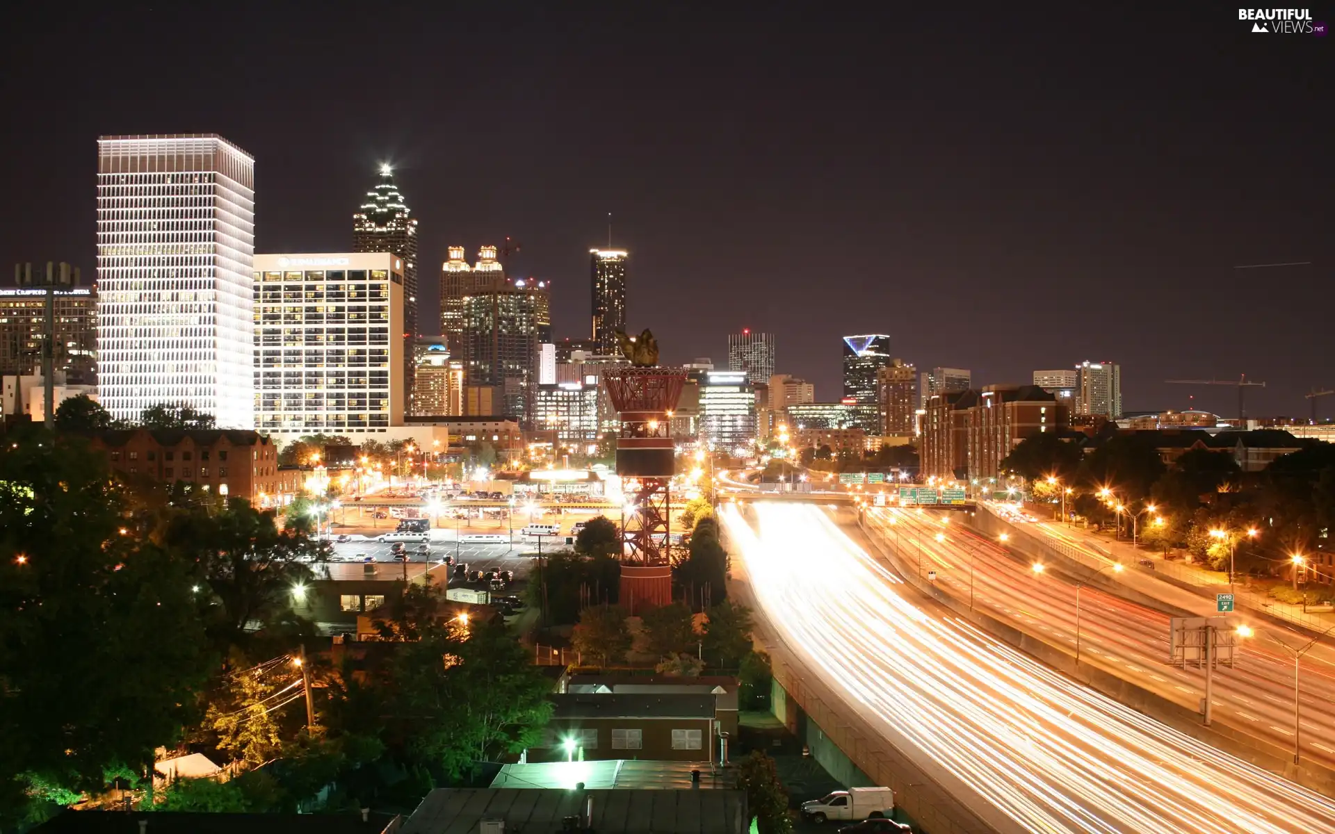 Town, Night, light, Highways