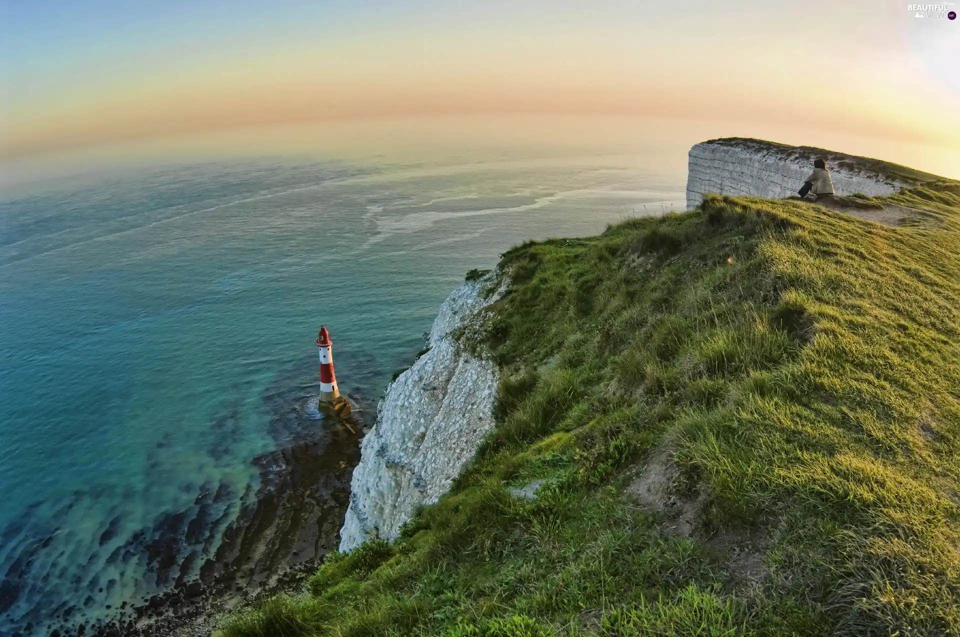 scarp, sea, Lighthouse, maritime, girl, Rocks