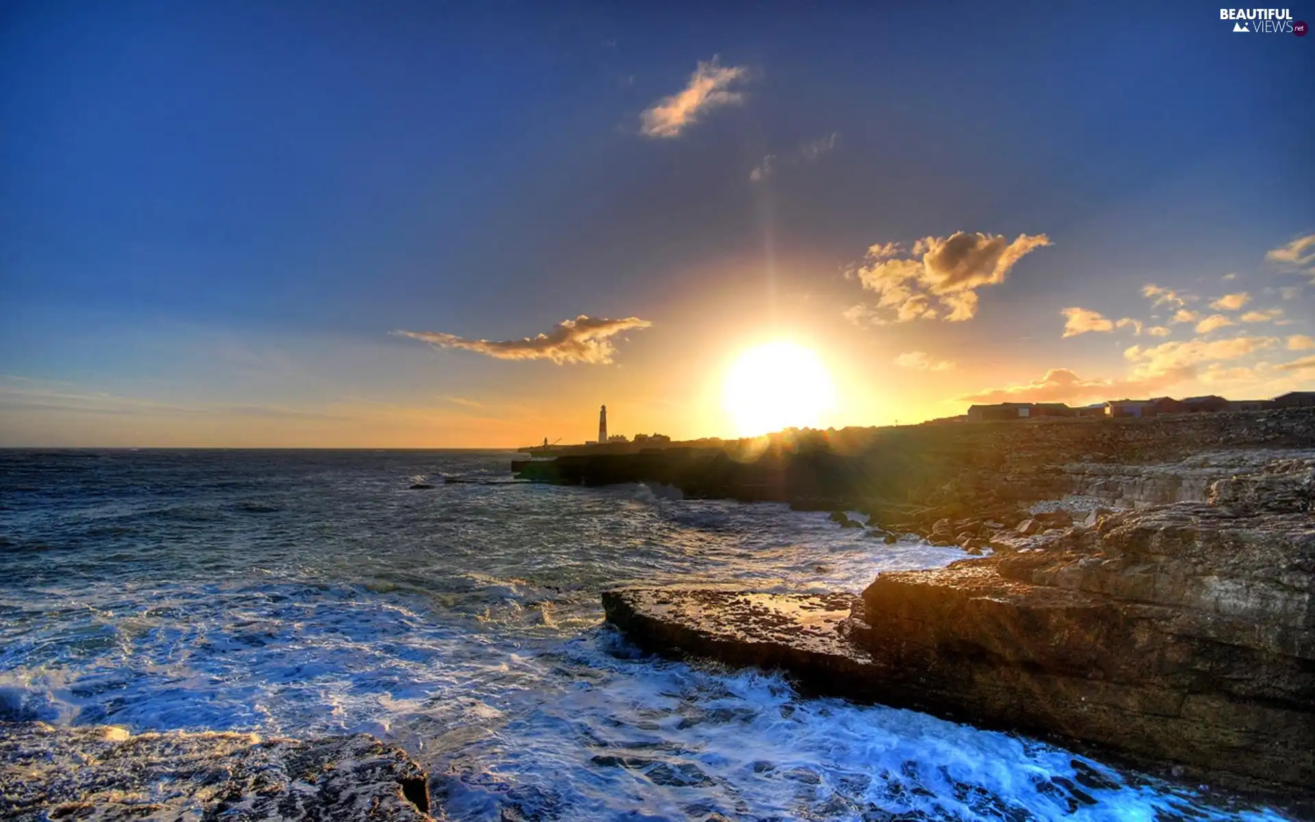 Lighthouse, maritime, sun, sea, west