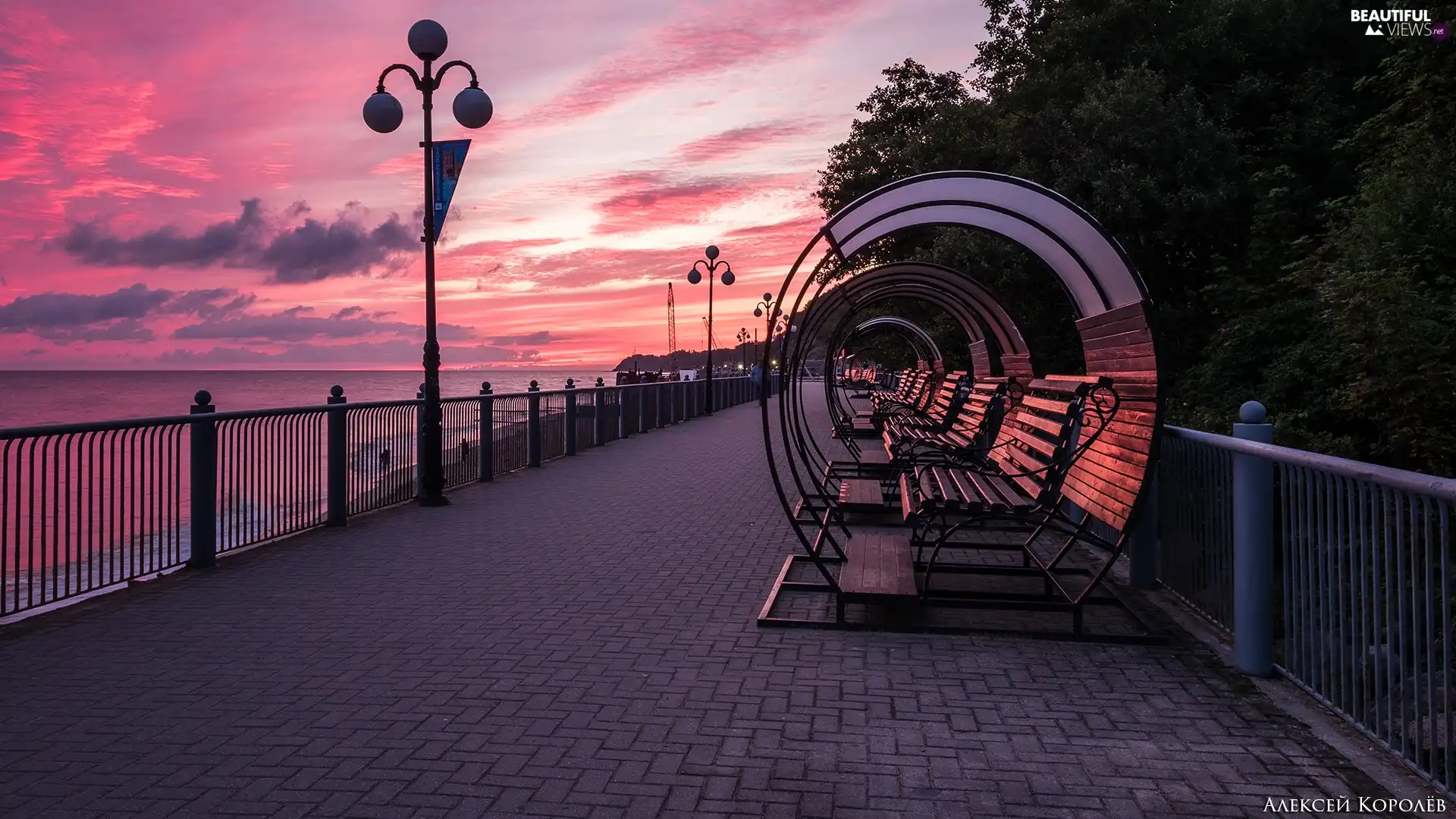 railing, Great Sunsets, Lighthouse, bench, sea, promenade