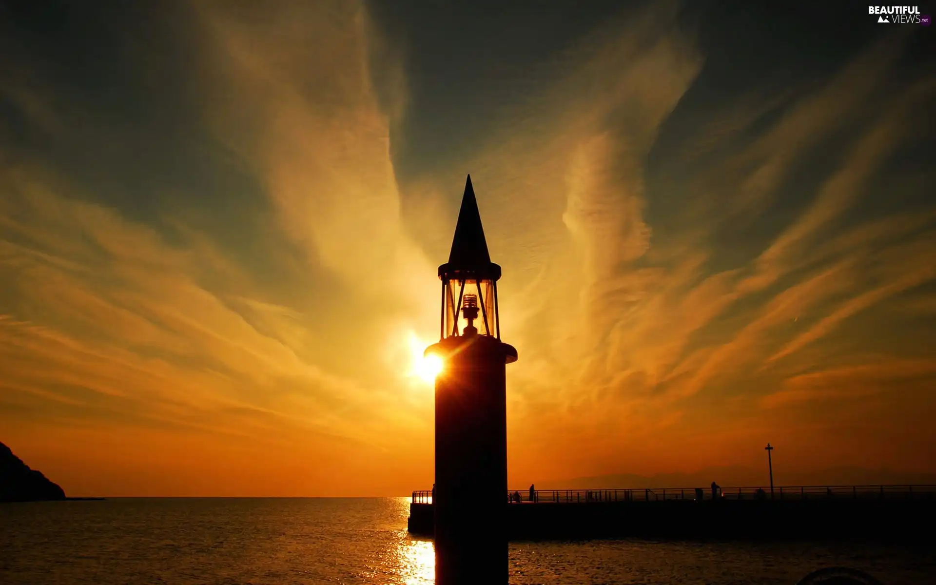 west, sea, Lighthouse, sun