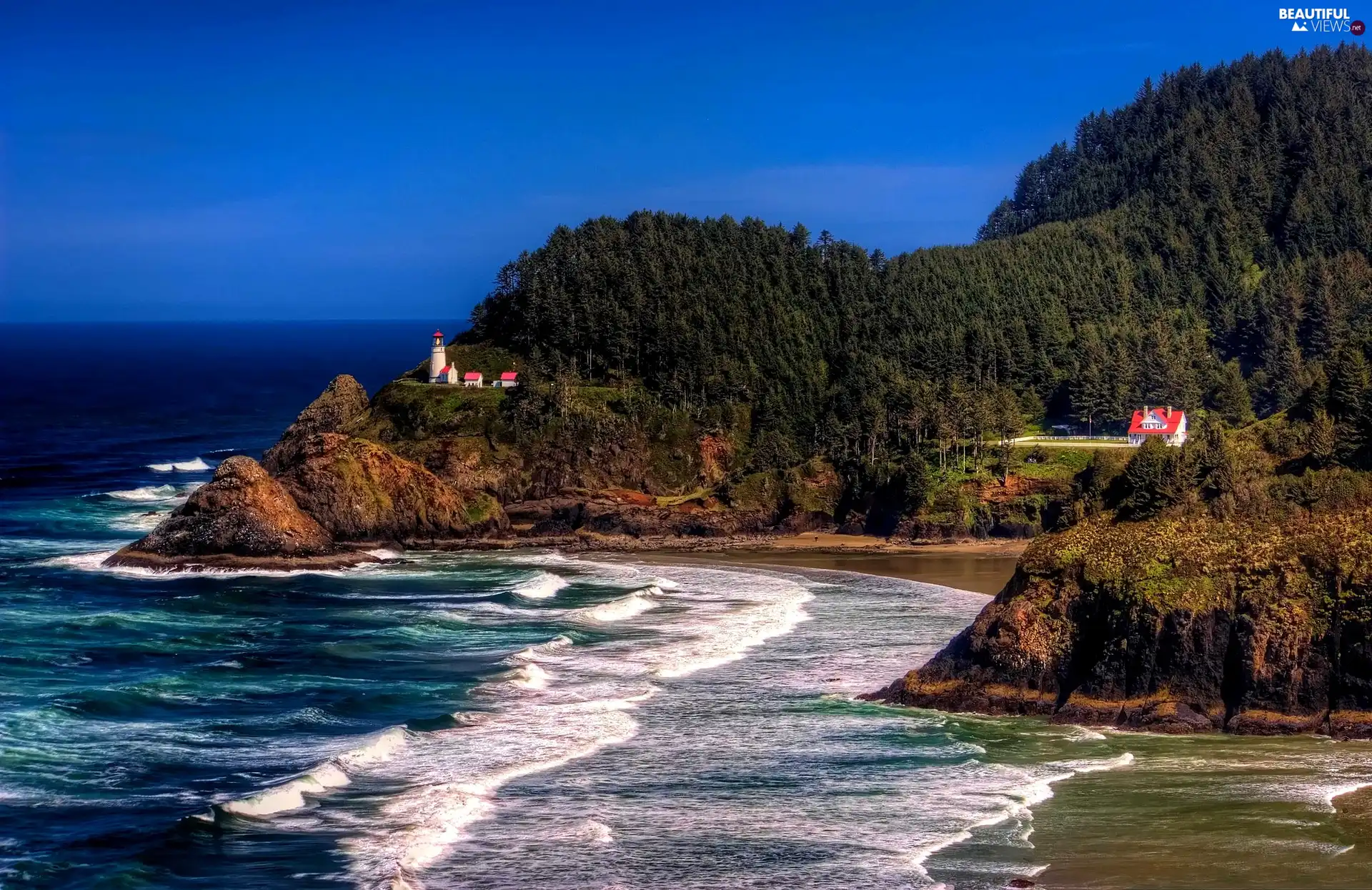 Lighthouses, house, Beaches, forest, sea