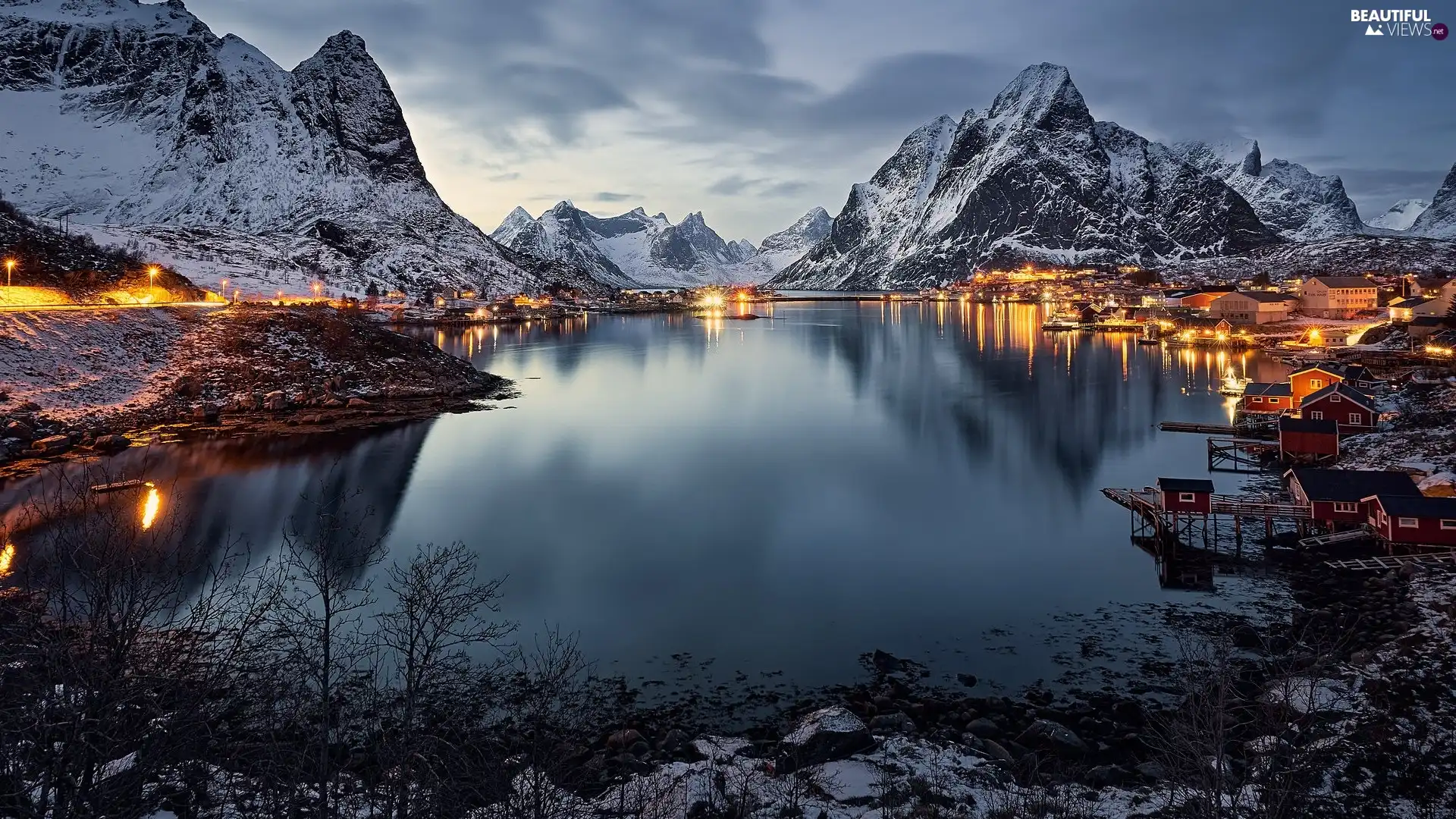 lighting, Norwegian Sea, Reine Village, Houses, Mountains, winter, Norway