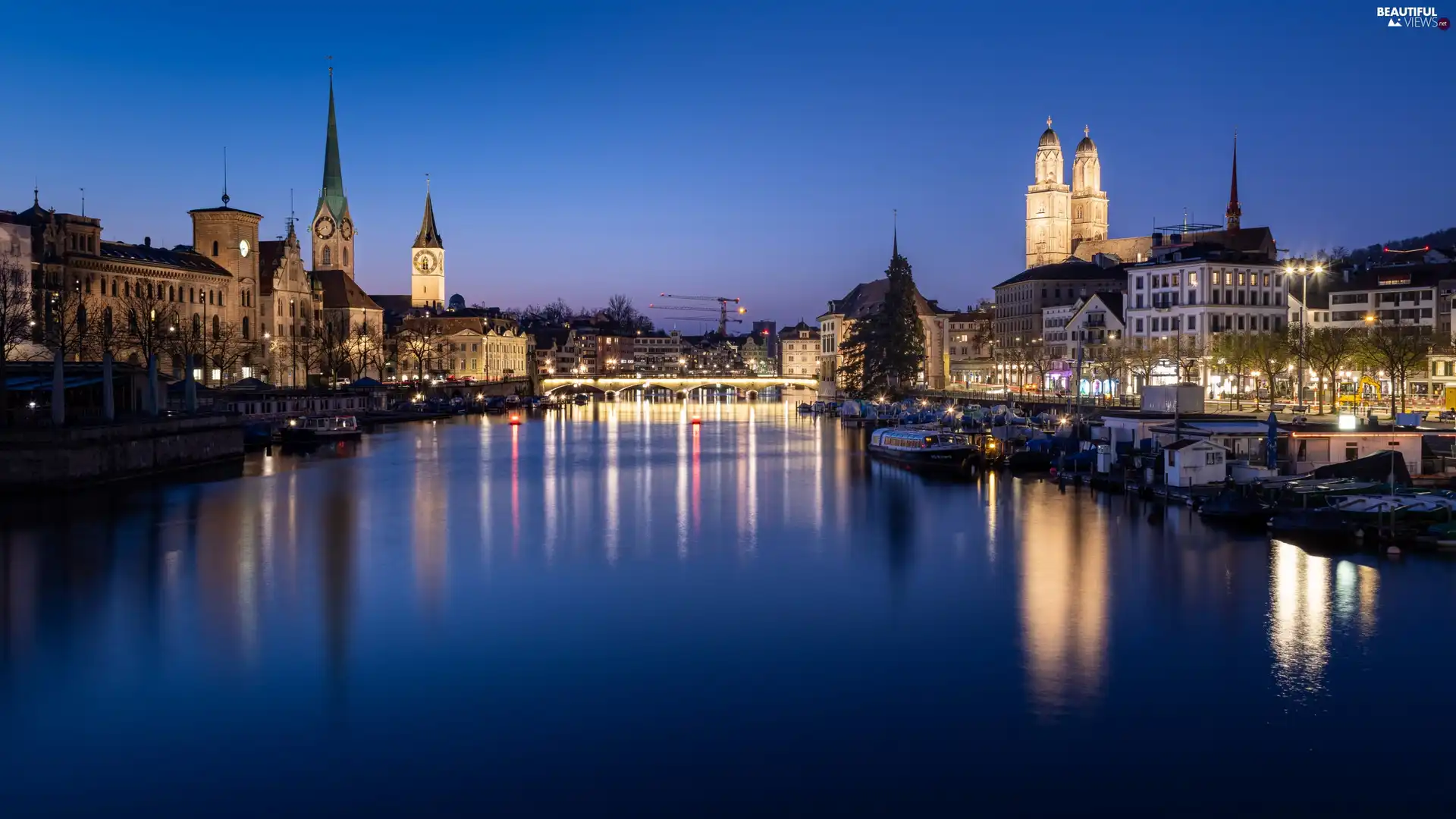 Night, Switzerland, River Limmat, bridge, Houses, Zurich