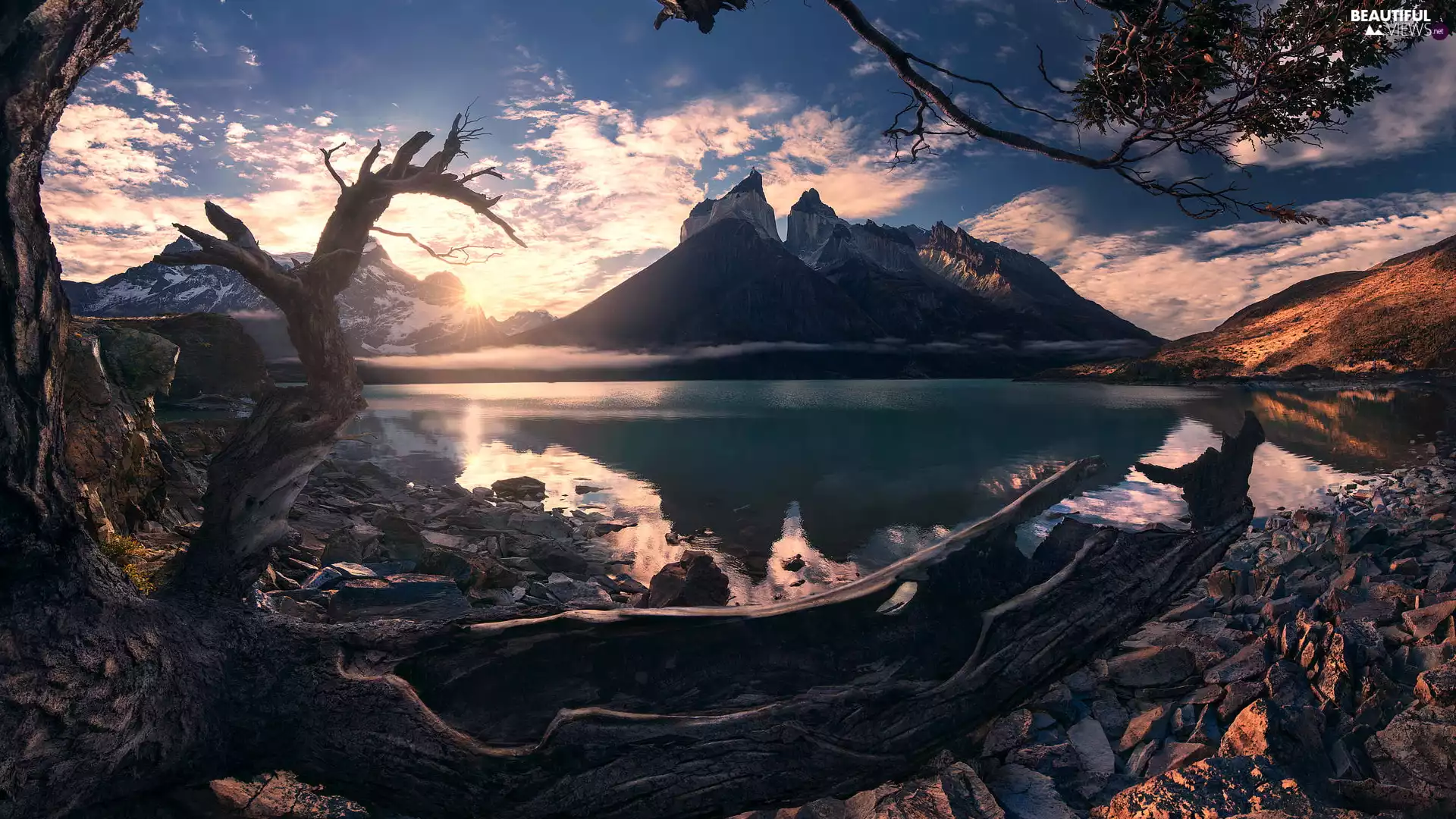 Lake Pehoé, Torres del Paine National Park, Cordillera del Paine, Mountains, Torres del Paine, Chile, Patagonia, Lod on the beach, dry, Sunrise, edifice