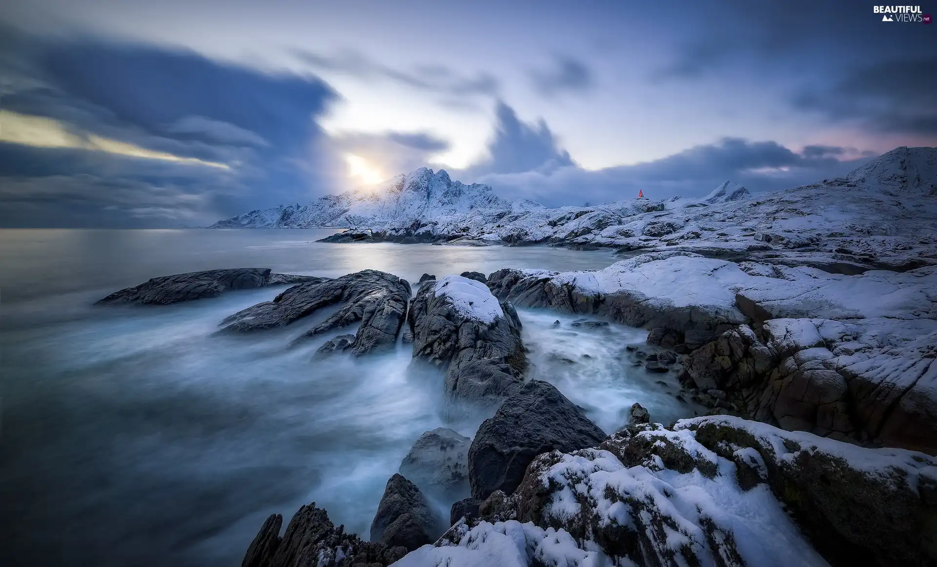 Norwegian Sea, Norway, rocks, snow, Flakstadøya Island, Lofoten