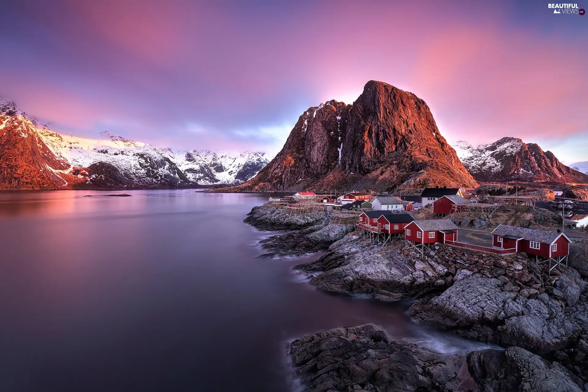 Lofoten, Mountains, rocks, Norwegian Sea, Norway, Reine Village, Houses