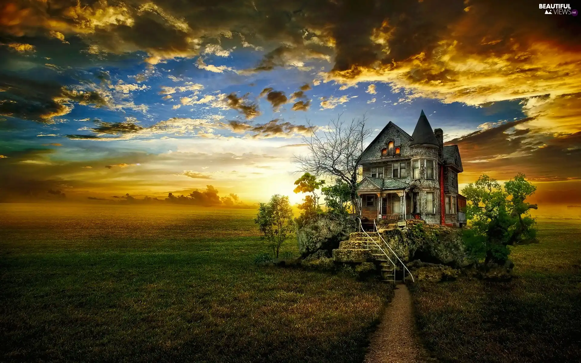 lonely, house, sun, clouds, west