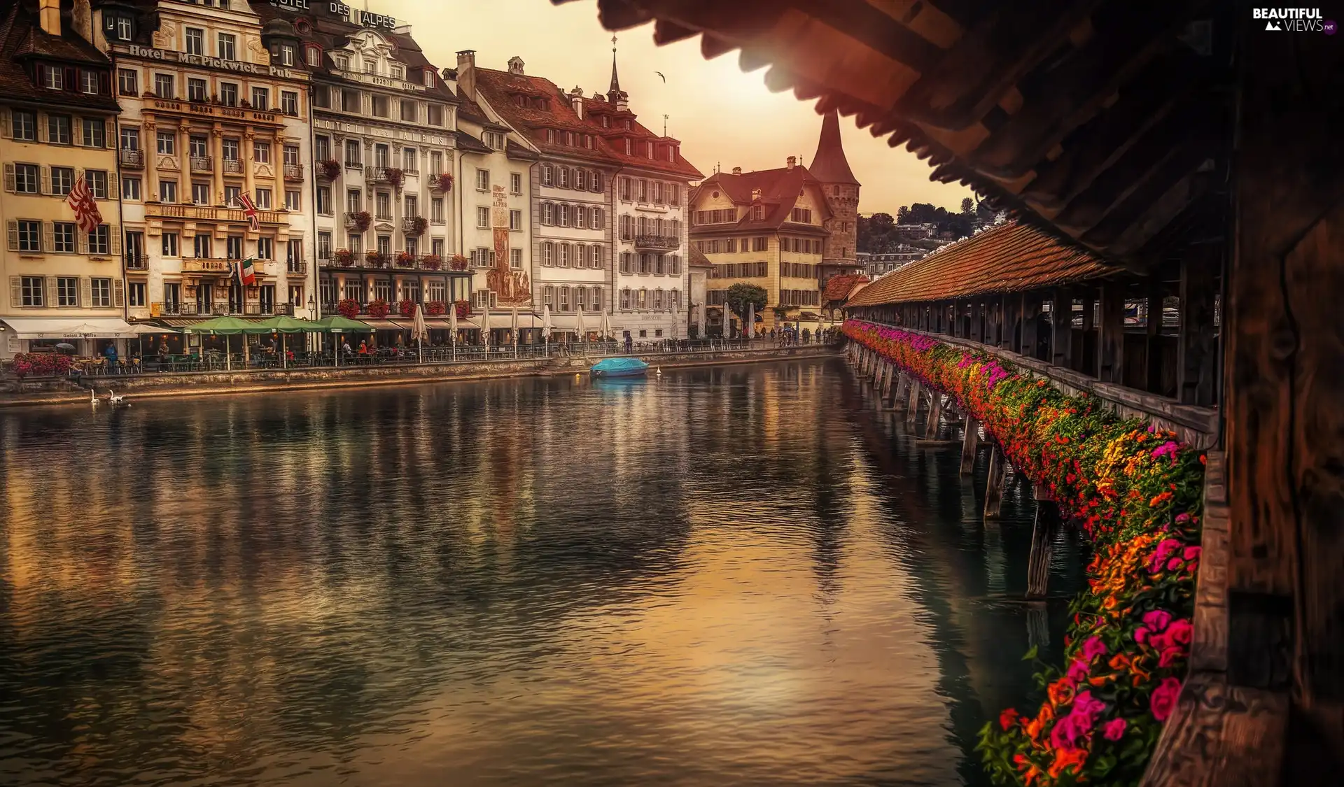 River Reuss, Switzerland, Flowers, buildings, Kapelbrucke Bridge, Lucerne