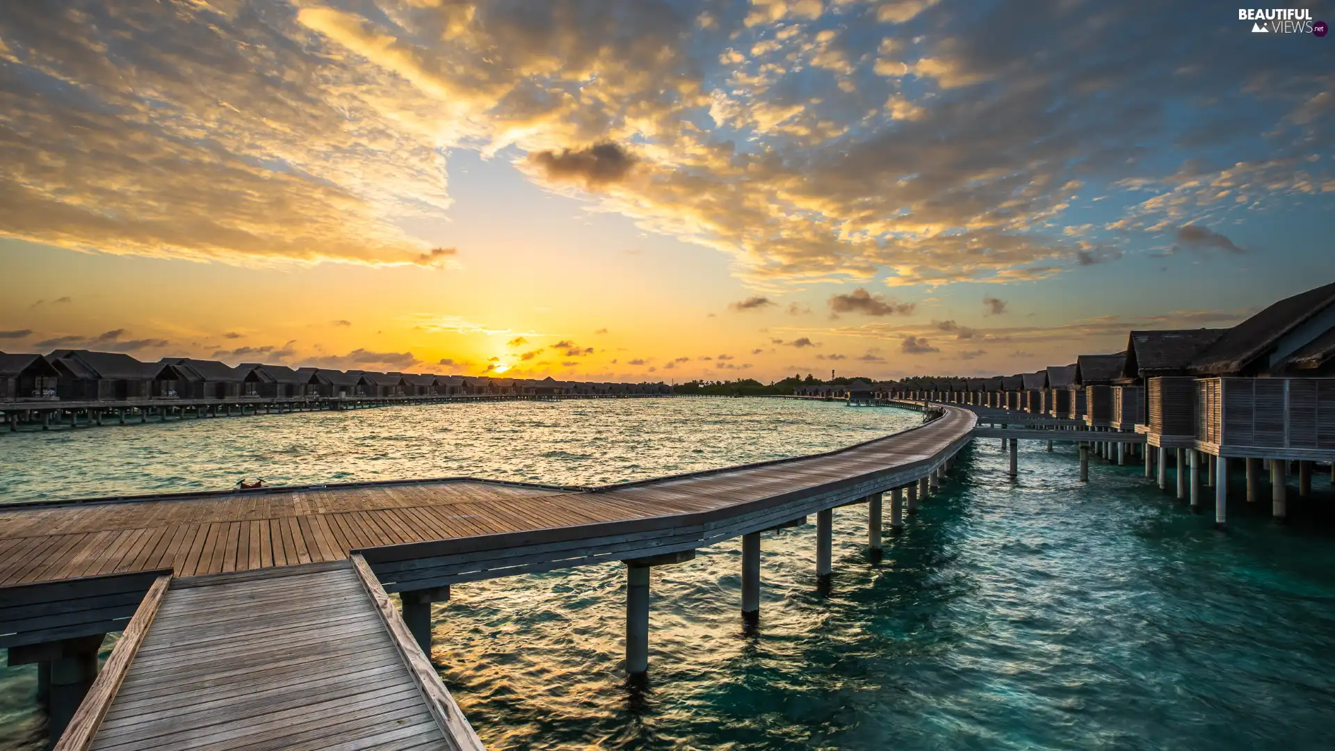 sea, Sunrise, Houses, Maldives, Platform, clouds