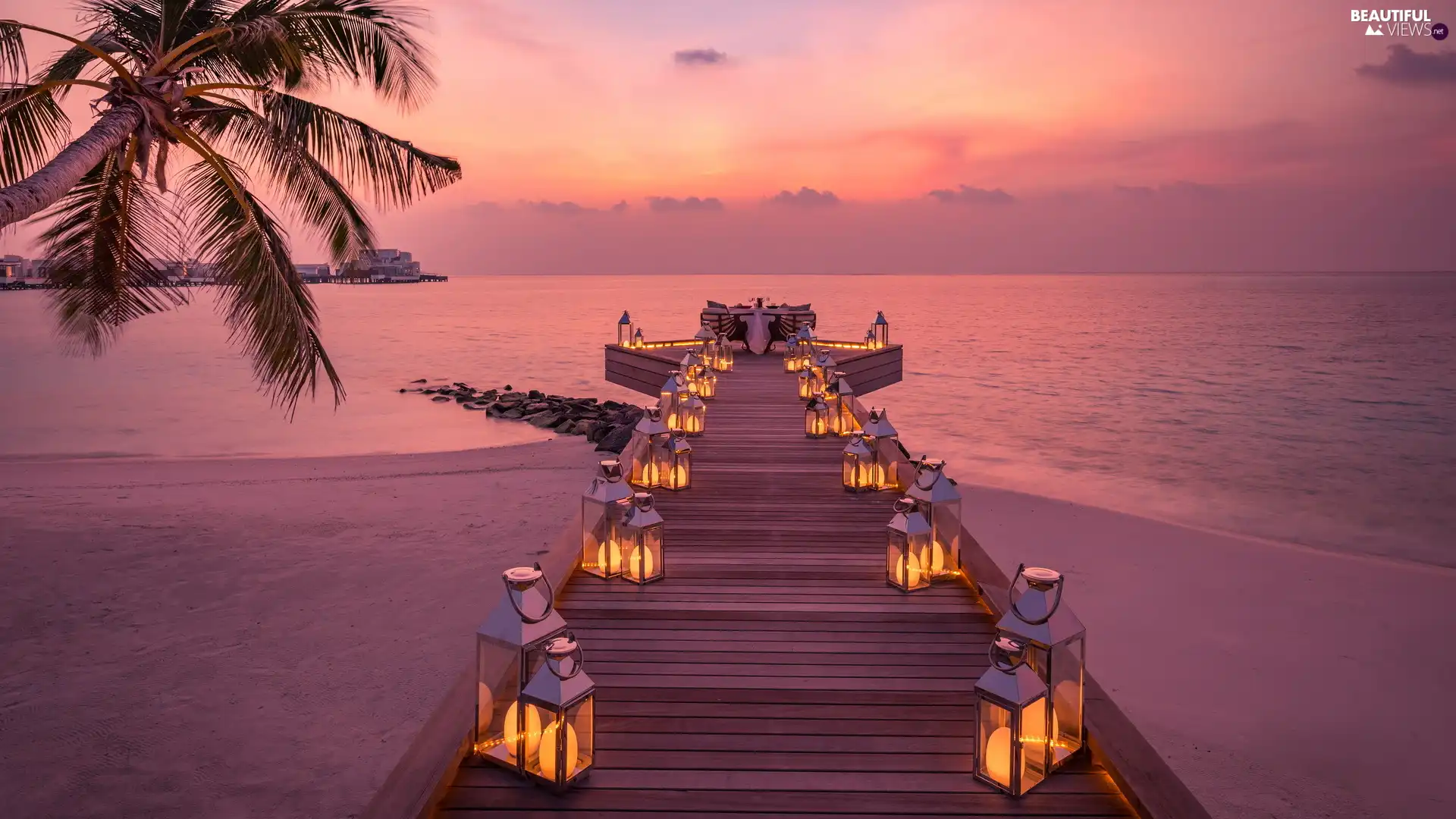 Lanterns, Great Sunsets, Palm, Platform, sea, Table, Maldives