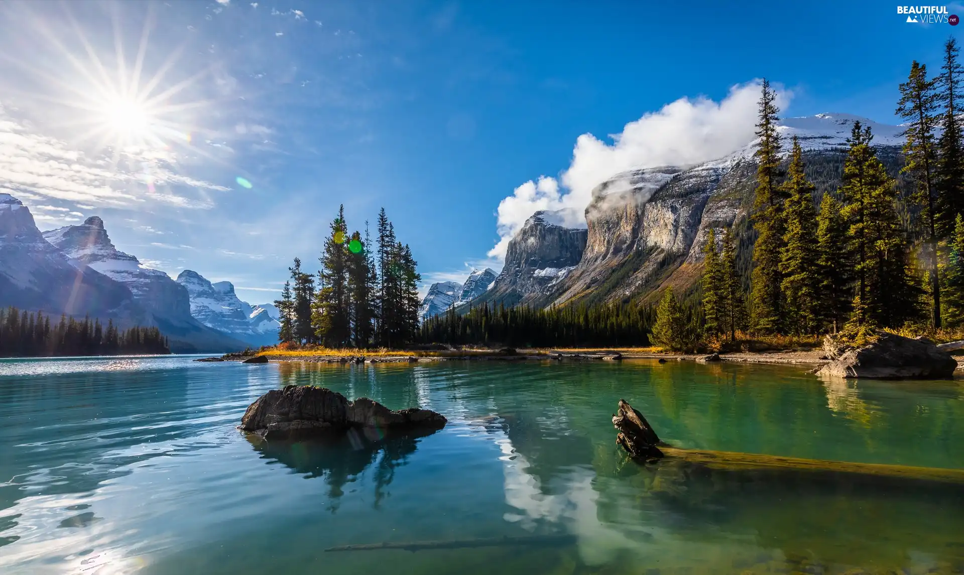 Mountains, Province of Alberta, trees, Jasper National Park, Canada, Maligne Lake, viewes