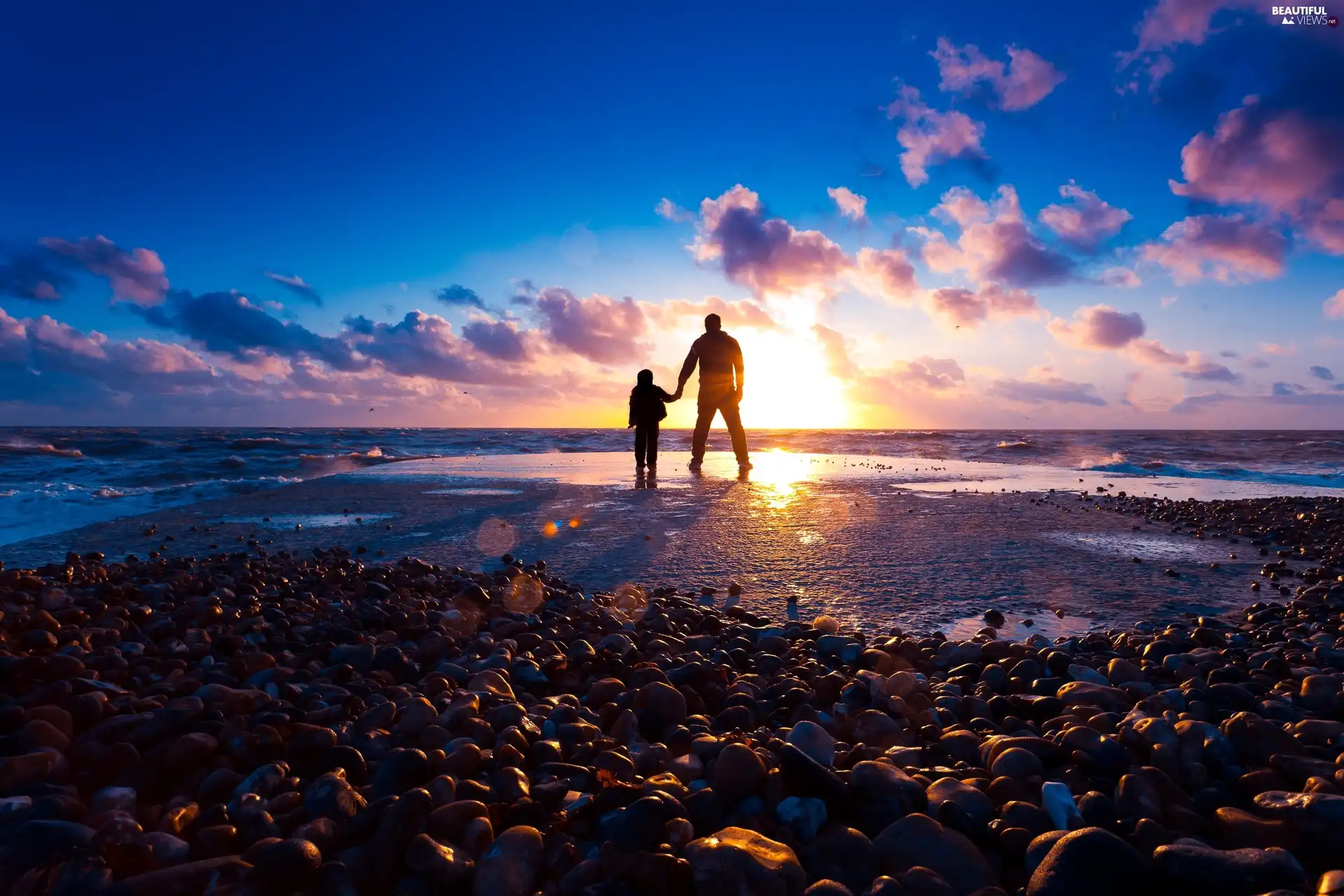 sea, west, a man, Kid, Stones, sun