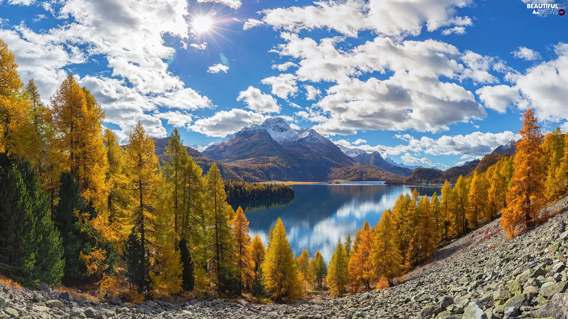 Piz da la Margna Peak, Alps Mountains, Canton Graubunden, Switzerland, trees, clouds, rays of the Sun, Lake Silsersee, Engadin Valley, viewes, autumn