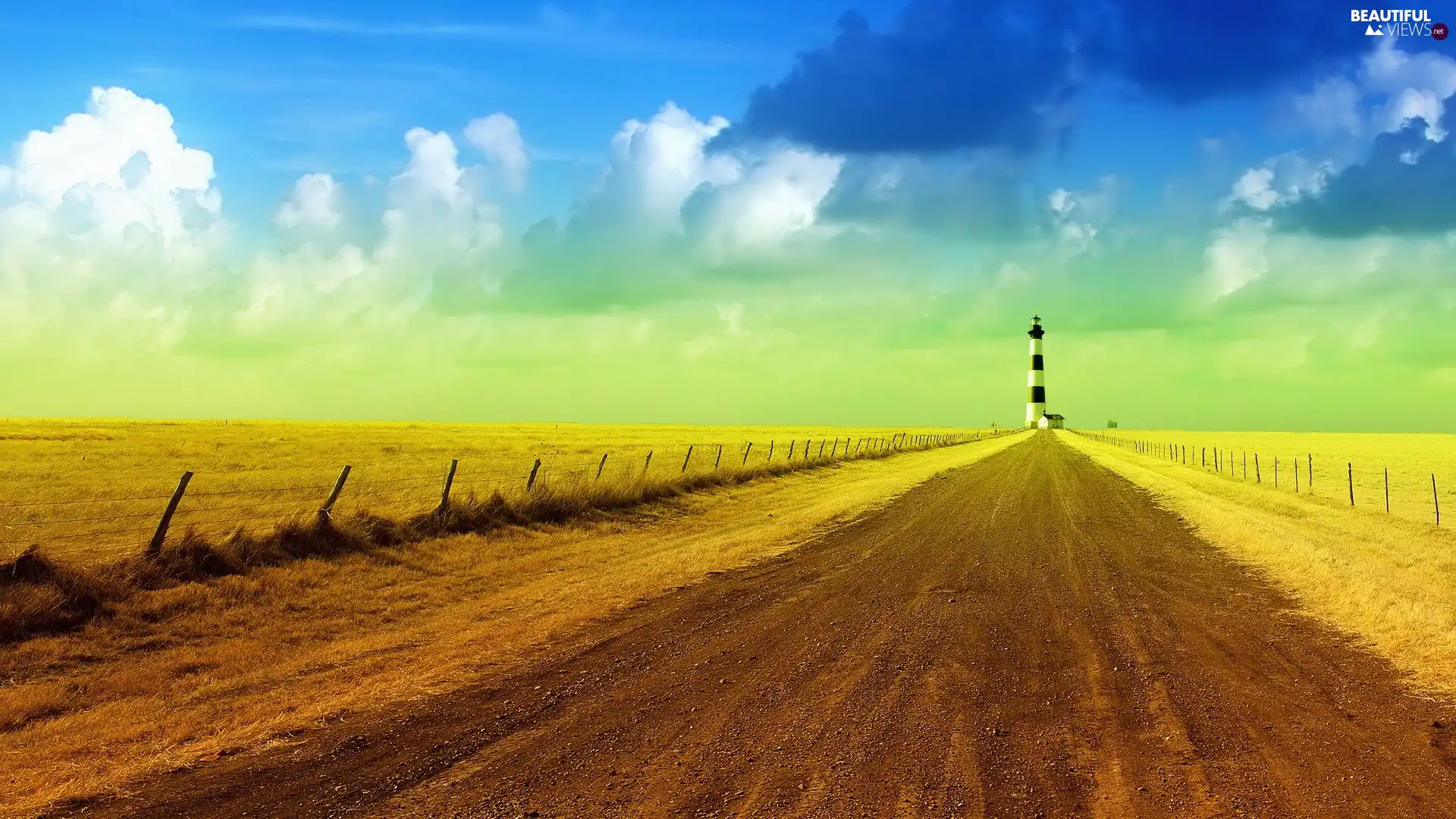 maritime, clouds, field, Lighthouse, Way